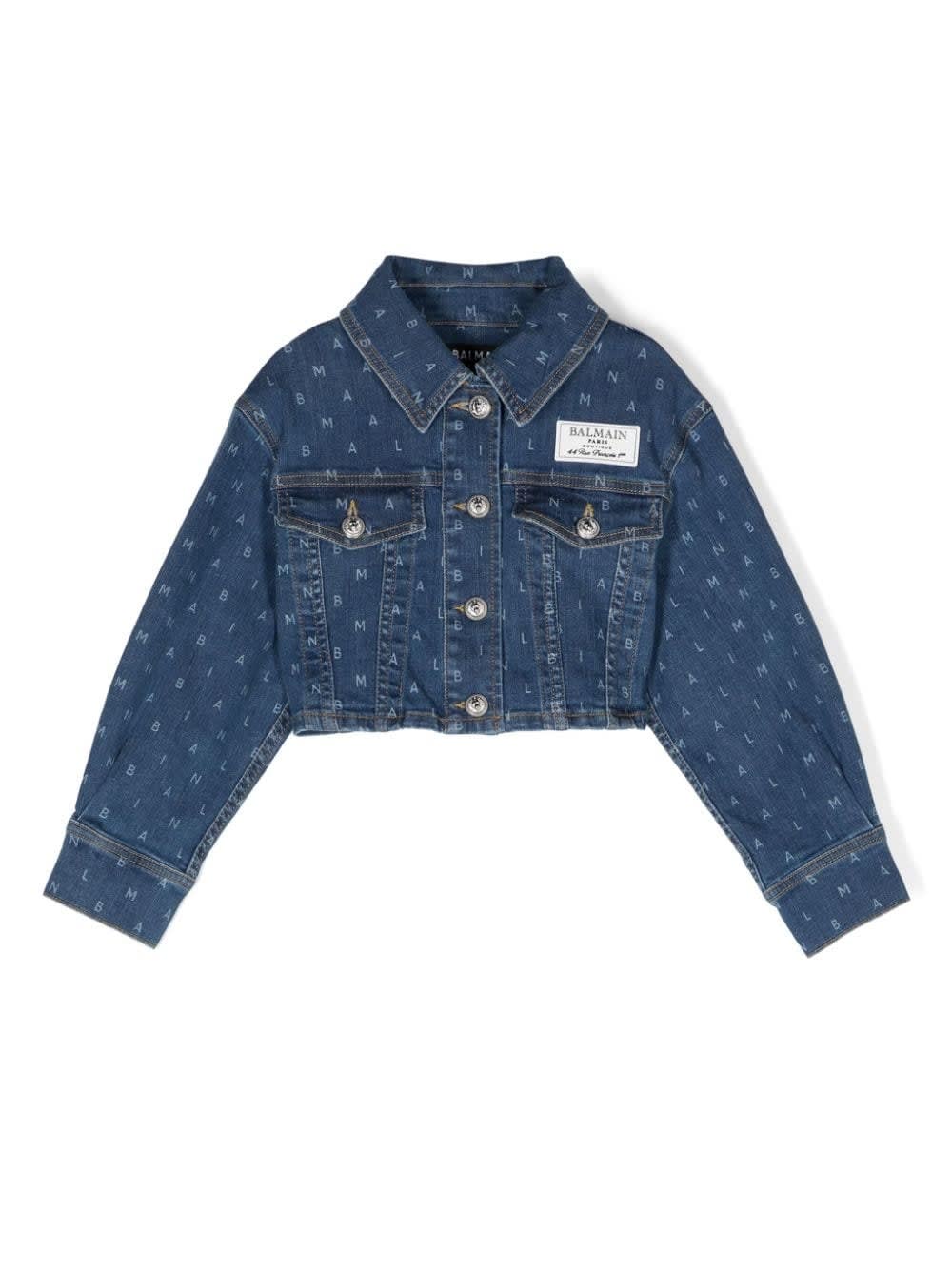 Shop Balmain Denim Crop Jacket With All-over Logo In Blue