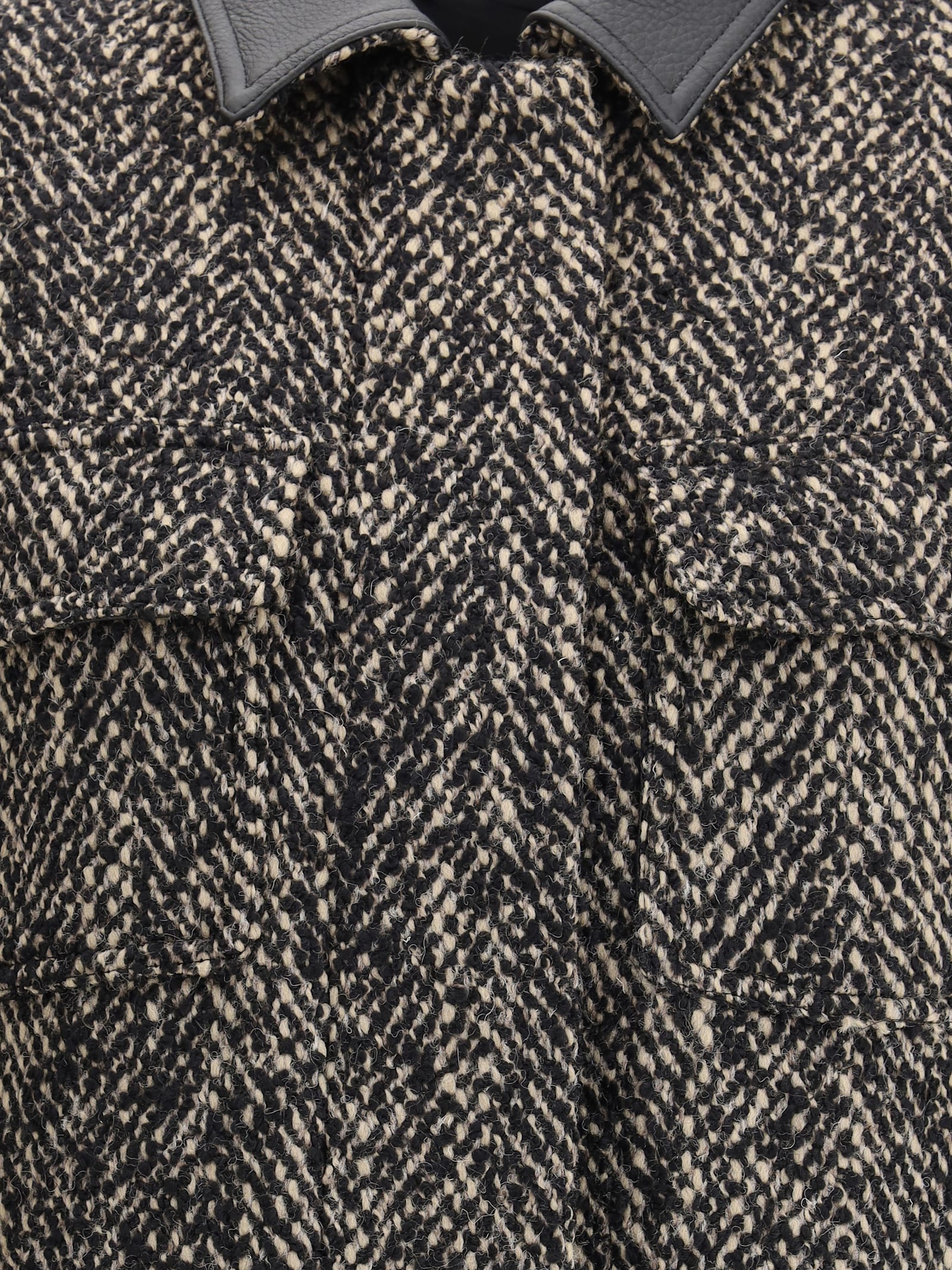 Max Mara Herringbone Pattern Wool Jacket With Leather Collar In Multi
