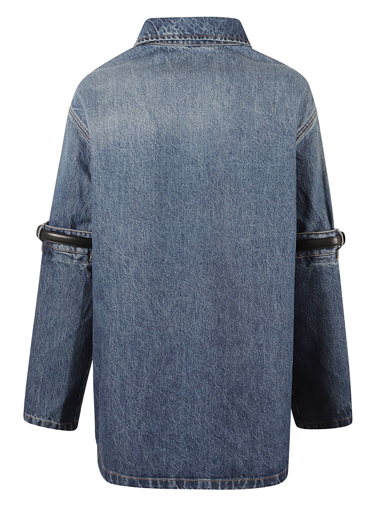 Shop Coperni Belted Sleeve Denim Shirt In Blue