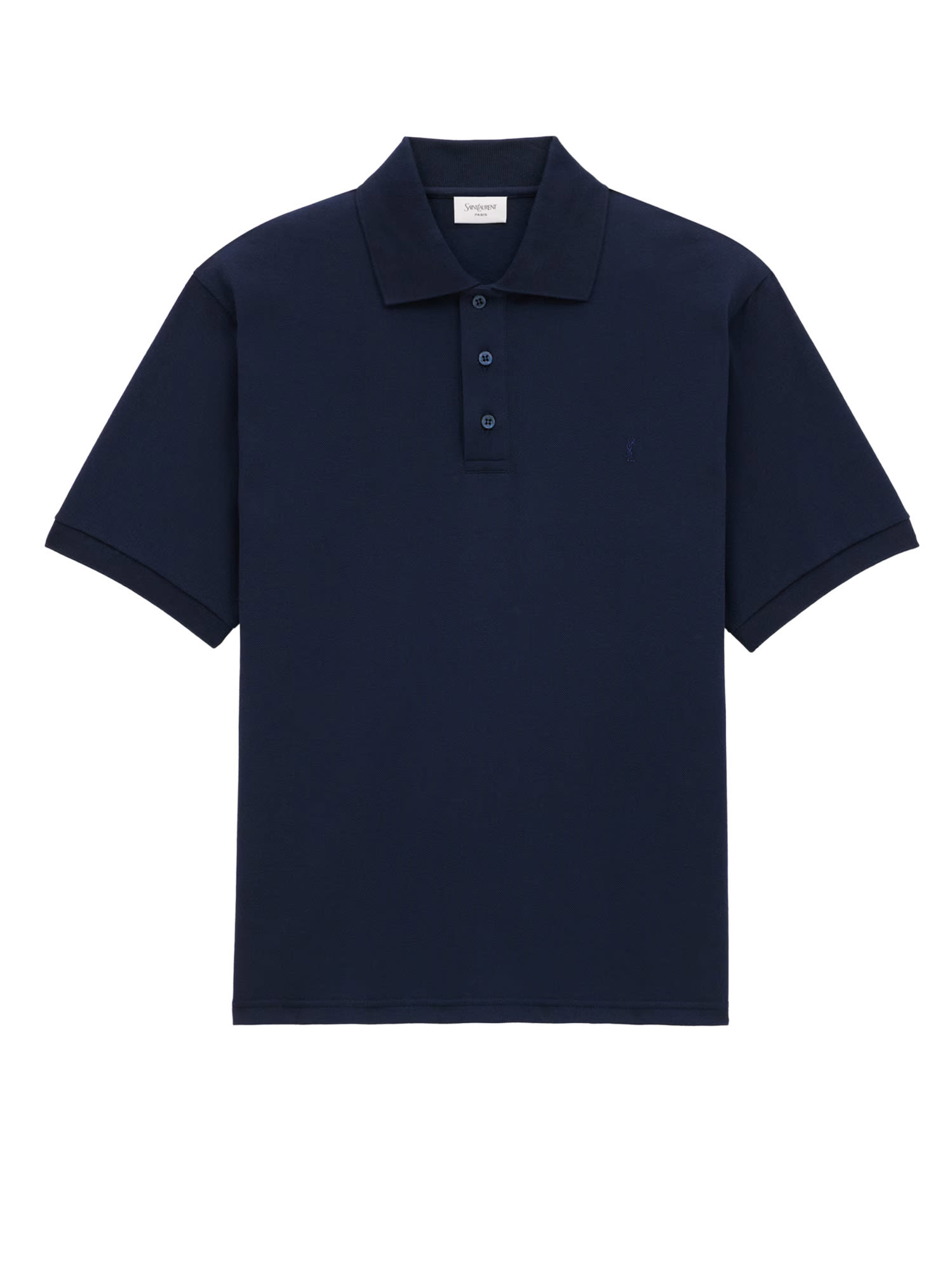 Saint Laurent Recycled Material Polo Shirt With Cassandre Embroidery In Blue