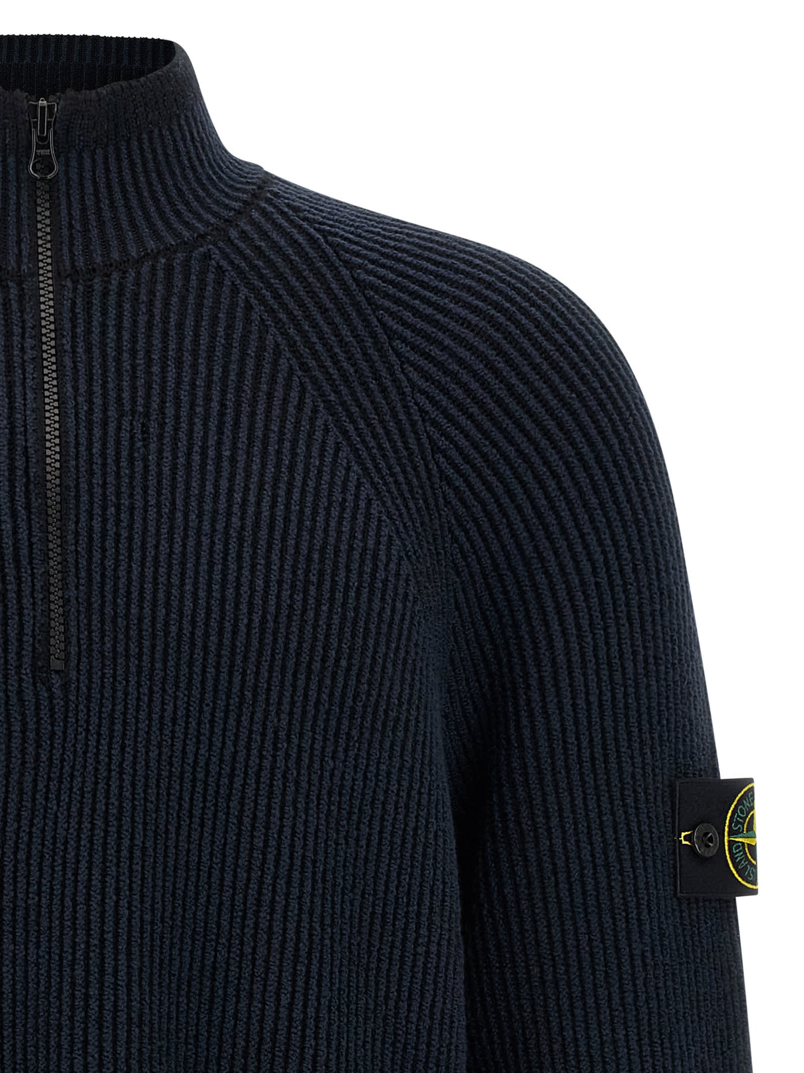 Stone Island Ribbed Crewneck Sweater Fitted Shape In Blue