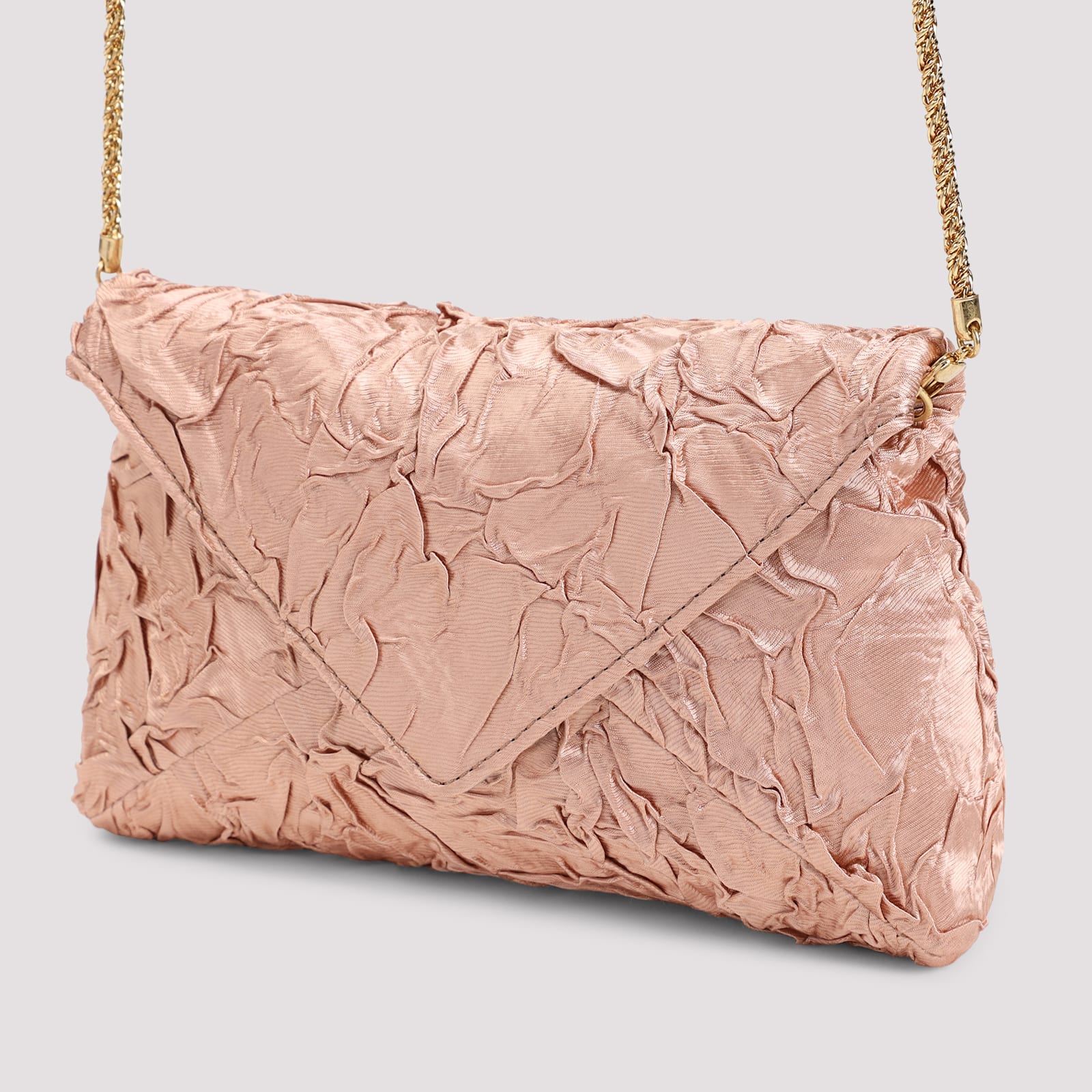 Dries Van Noten Chain Strap Crinkled Texture Envelope Flap Metallic Finish Pleated Fabric Shoulder Bag In Peach