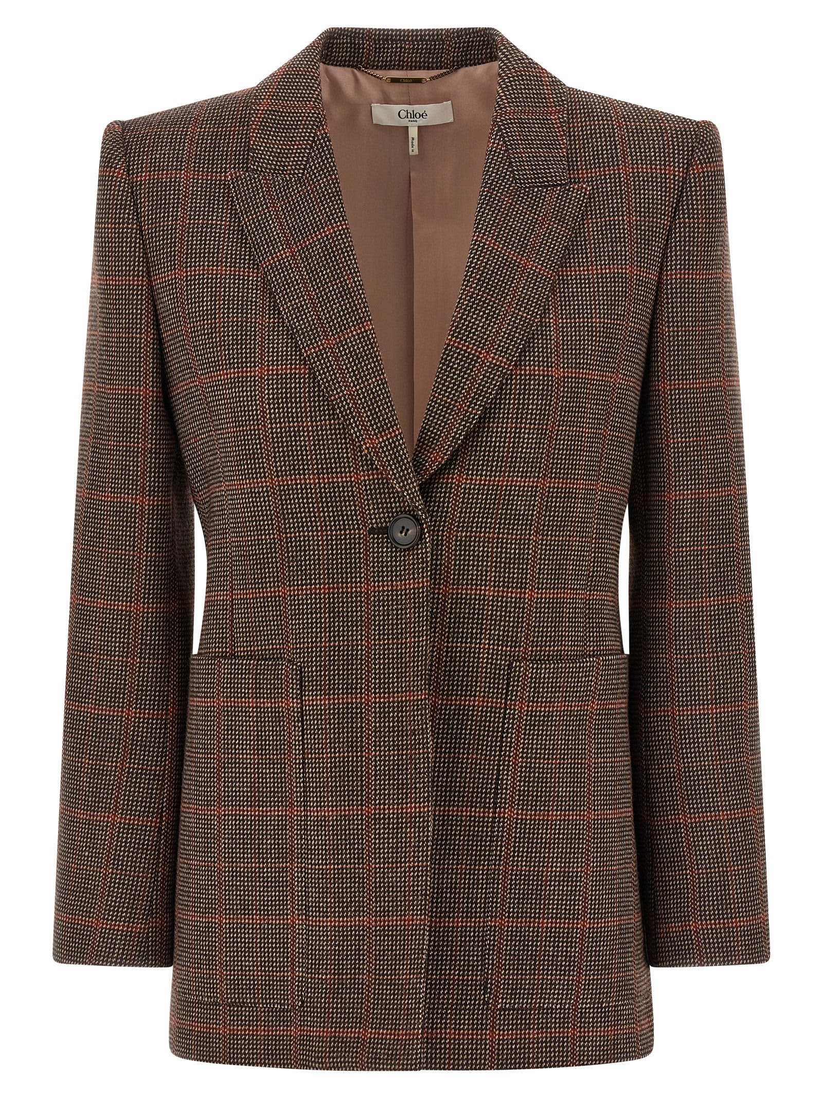 Chloé Single-breasted Checked Brown Wool Jacket Women In Brown
