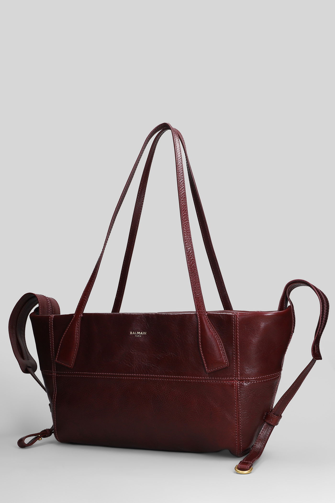 Balmain Track Zip Small Tote In Bordeaux Leather In Burgundy