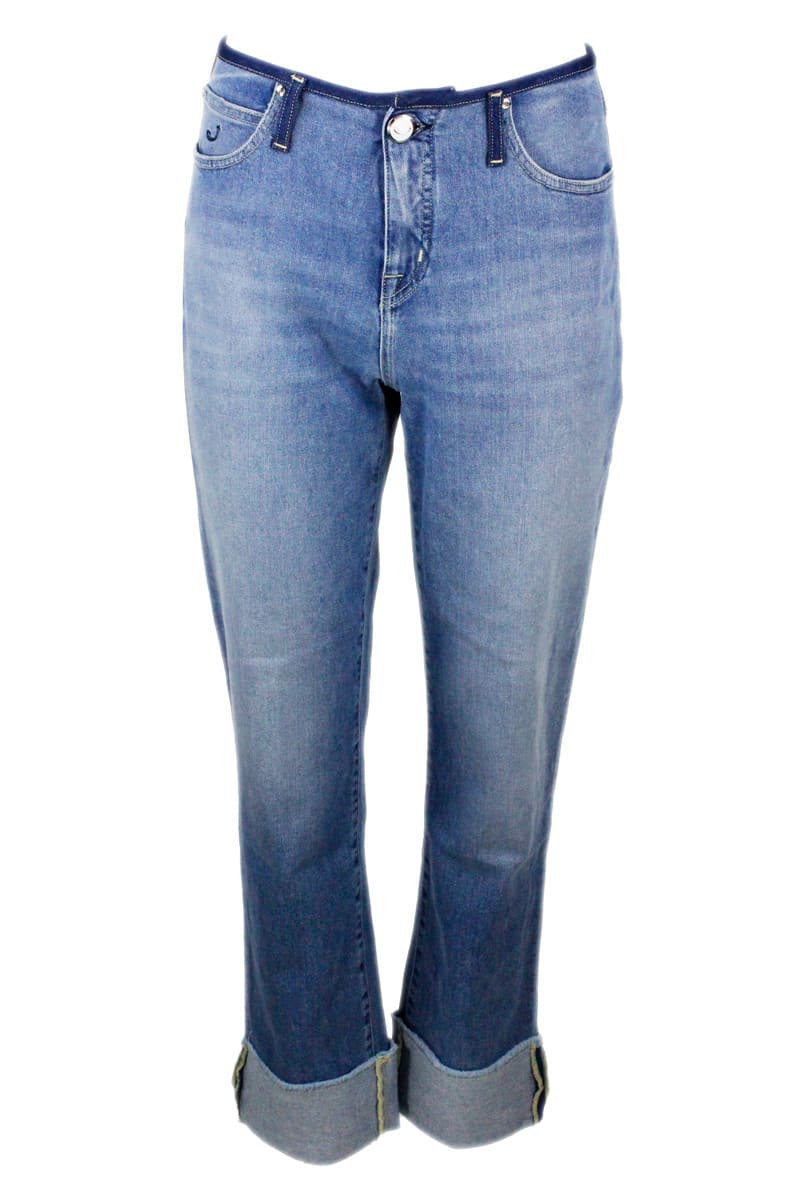 Jacob Cohen Jeans Trousers In Regular Low-waisted Denim With High Turn-up 5 Pockets In Stretch Cotton With Natural Indago Zip