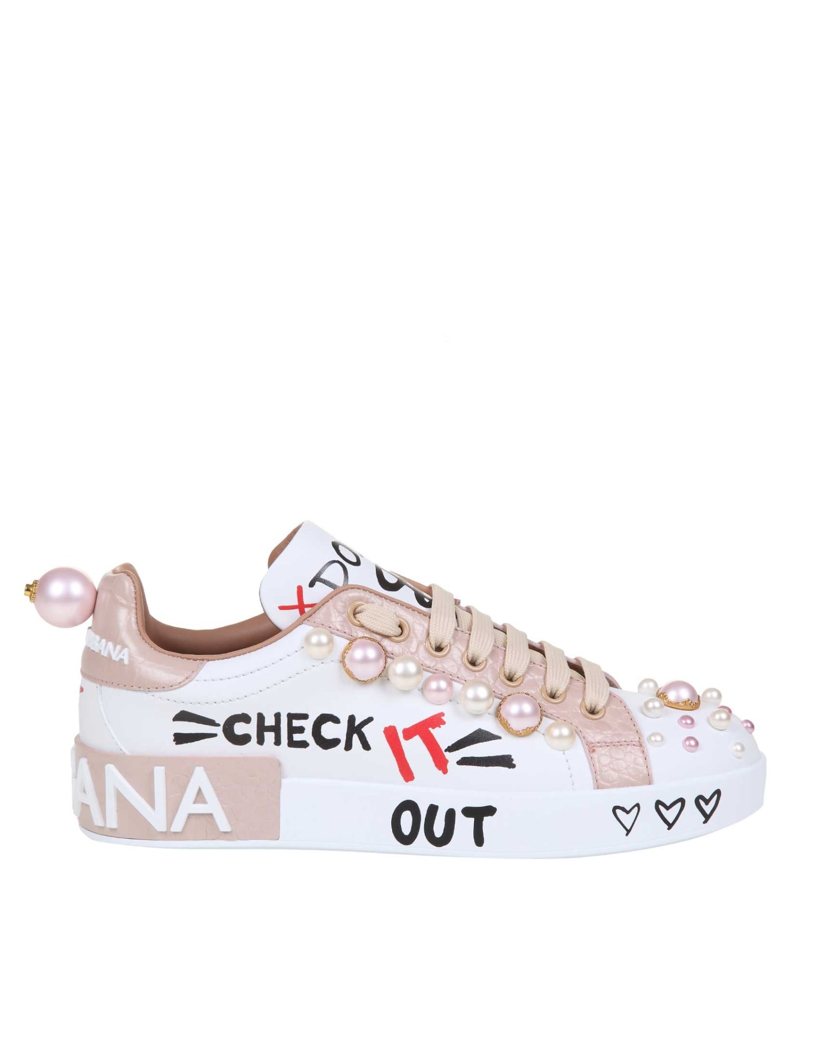 DOLCE & GABBANA PORTOFINO SNEAKERS IN WHITE LEATHER WITH PRINT,11244971