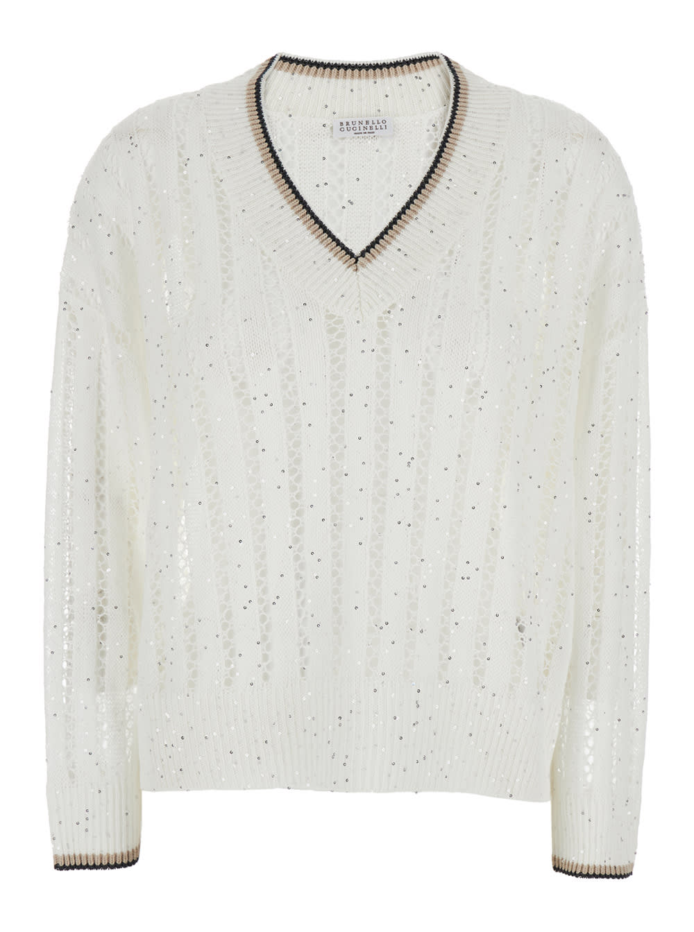 Brunello Cucinelli Open-knit Sweater With Vertical Stripes In White