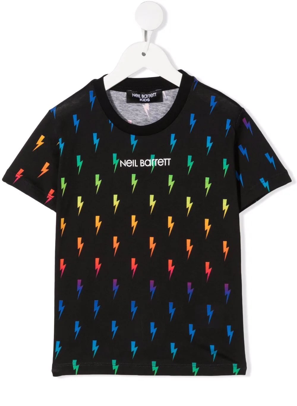 Neil Barrett Kids Black T-shirt With Logo And All-over Multicolored Thunderbolt Print