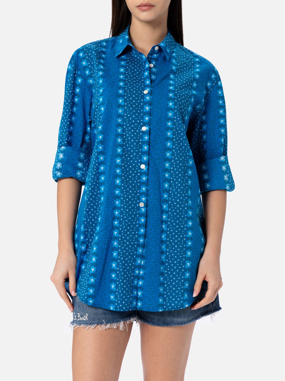 Shop Mc2 Saint Barth Woman Cotton Shirt Brigitte With Indigo Flower Print In Blue