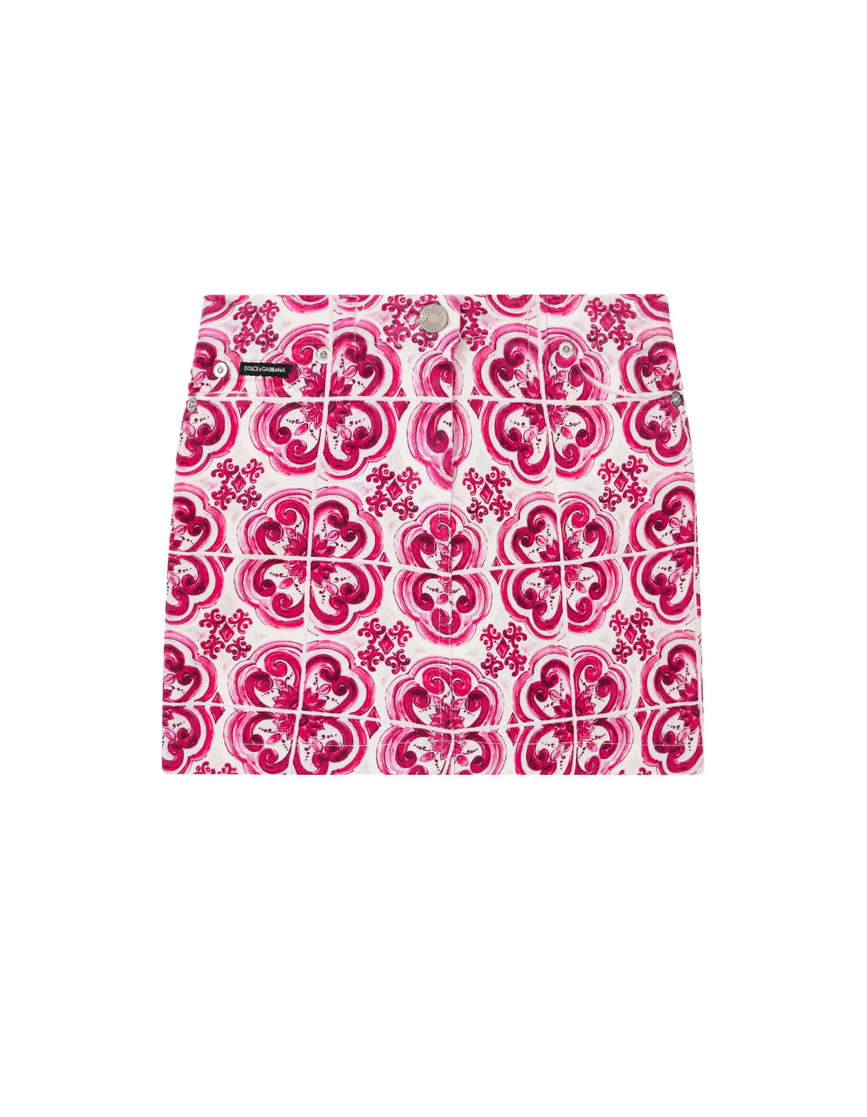 Shop Dolce & Gabbana 5 Pocket Denim Mini Skirt With Fuchsia Majolica Print In Pink