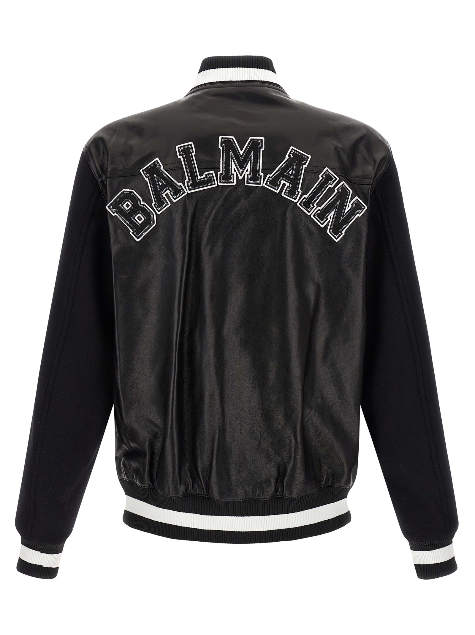 Balmain Varsity Leather Bomber Jacket In Black