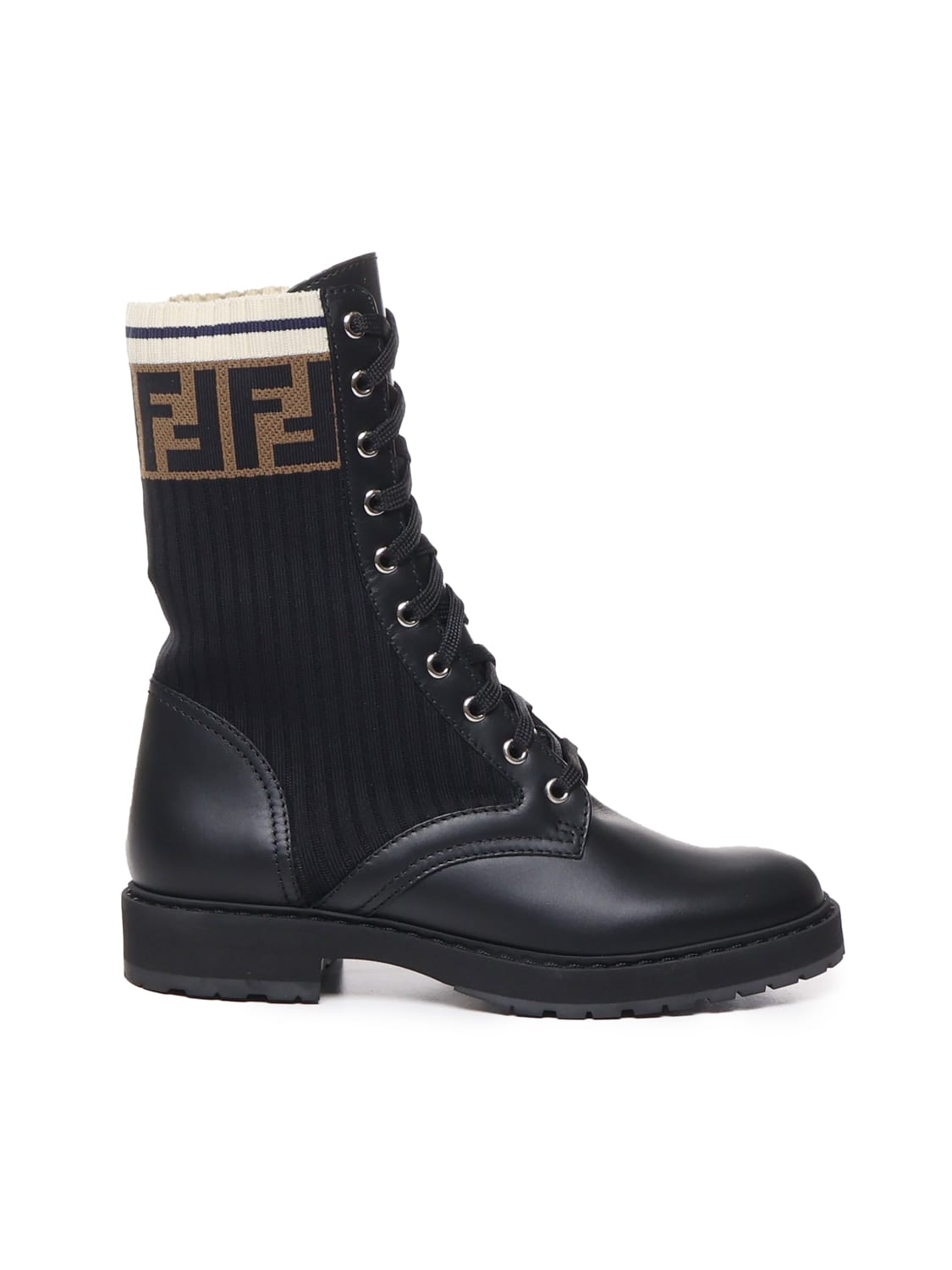 Fendi Leather And Mesh Biker Boots With Ff Monogram In Nero/tab.nero Marino