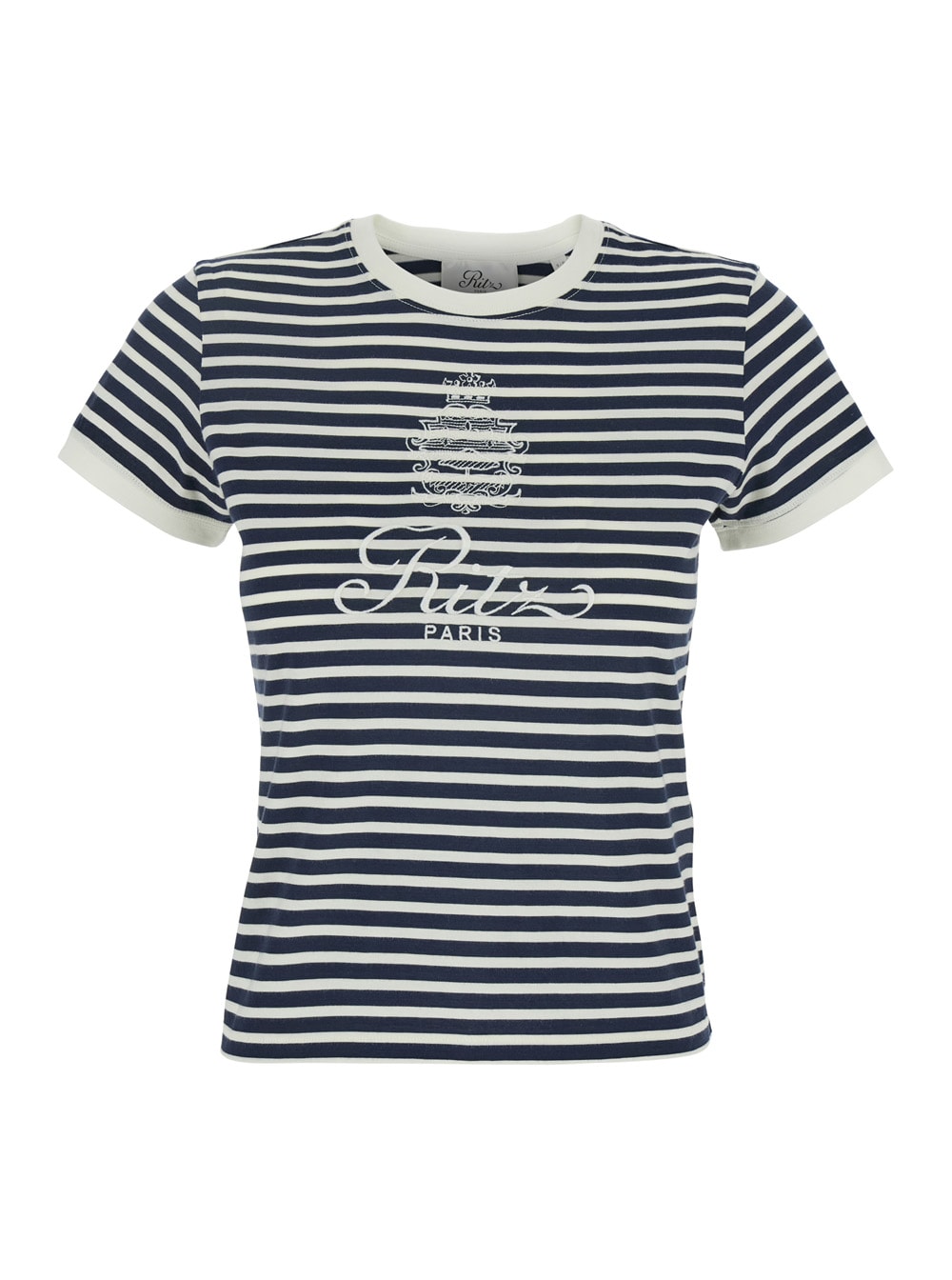 Blue Crewneck T-shirt With Logo Print On The Front And All-over Striped Motif In Cotton Woman