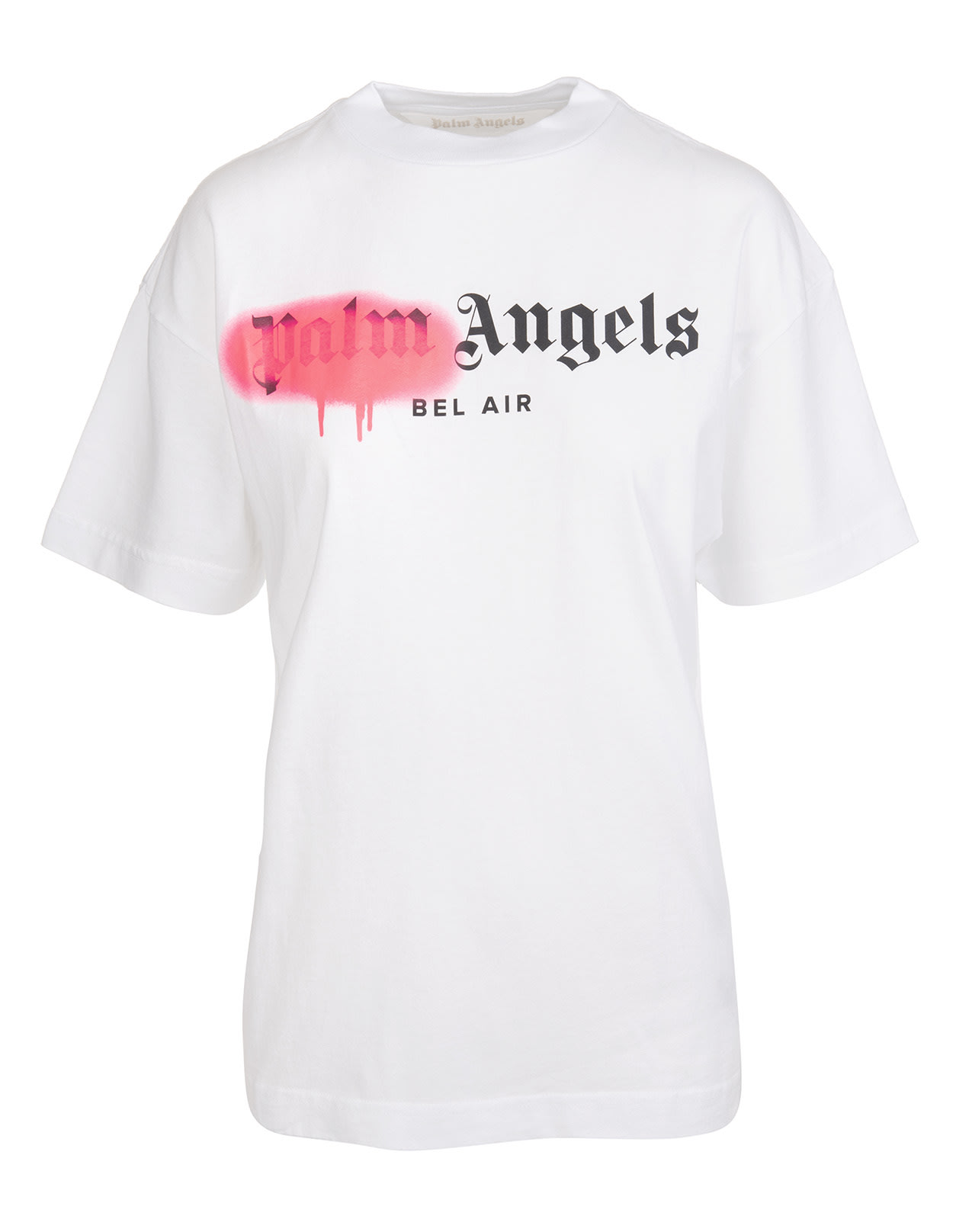 PALM ANGELS WOMAN WHITE AND PINK BEL AIR LOGO SPRAY T-SHIRT,PWAA039S21JER003 0168