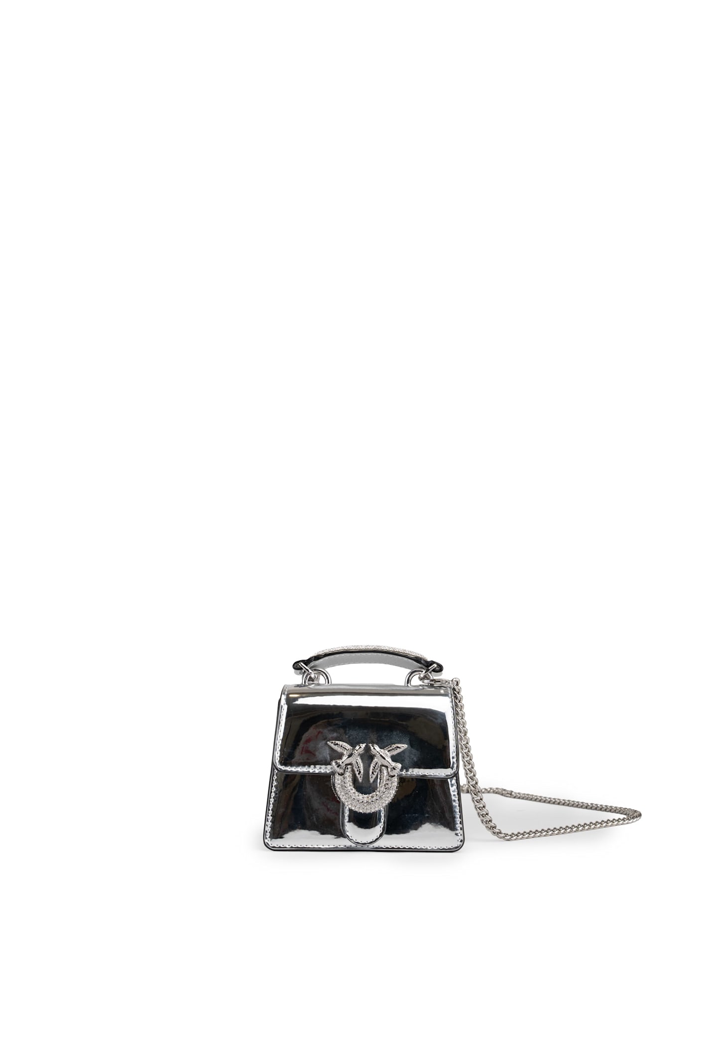 Shop Pinko Mini Love Bag Top Handle Bag In Laminated Leather In Silver