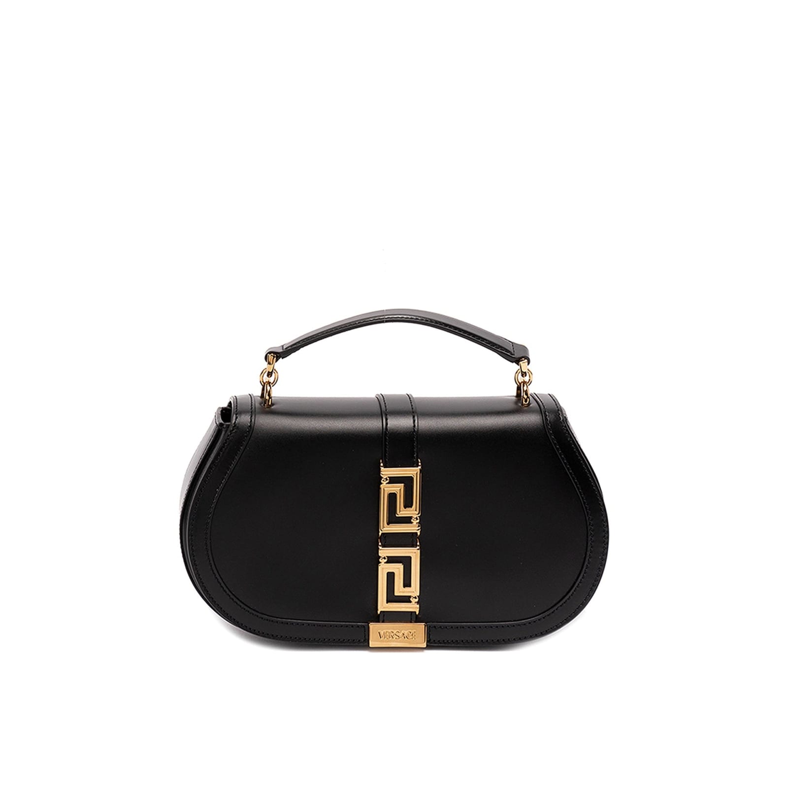 Shop Versace Leather Greca Goddess Handle Bag In Black
