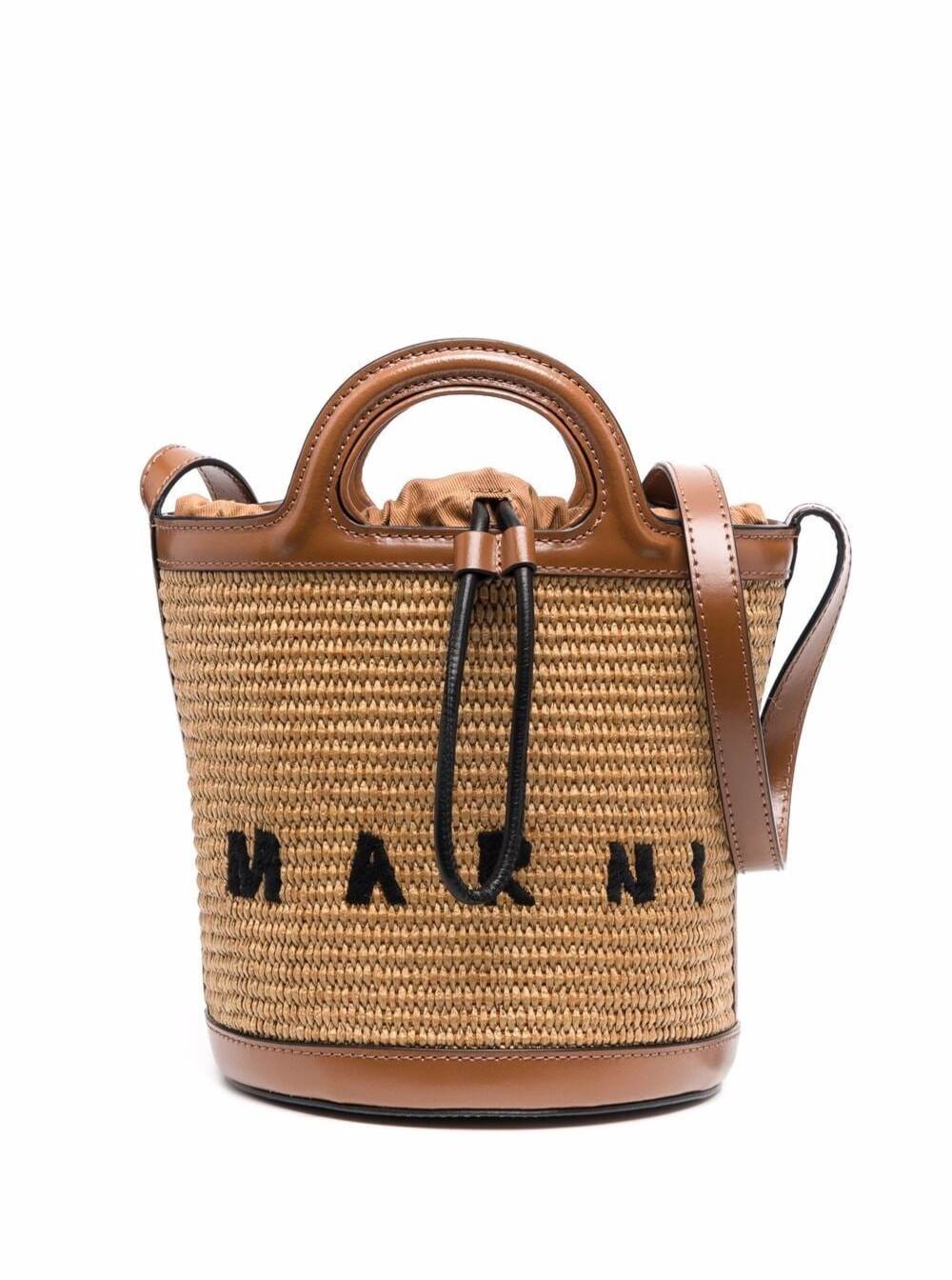 Marni Brown Mini Bucket Tropicalia Bag In Raffia Woman In Beige