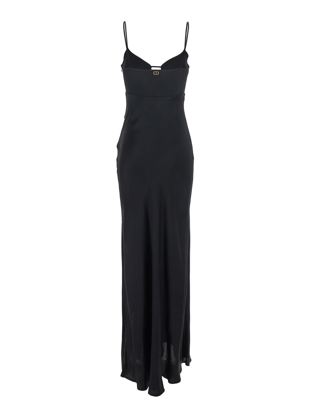 TWINSET BLACK LONG DRESS WITH THIN SHOULDER STRAPS AND METALLIC LOGO PLAQUE ON THE BACK IN TECH FABRIC WOMAN