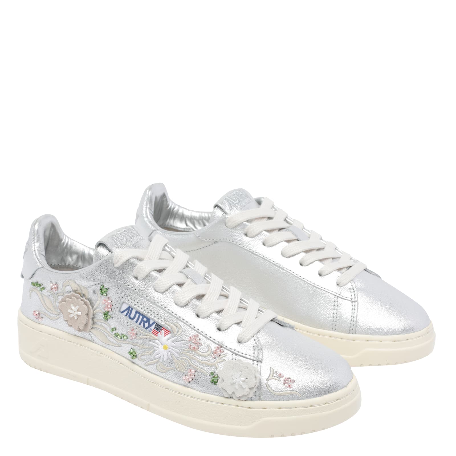 Autry Dallas Round Toe Sneakers With Floral Applications In Metallic