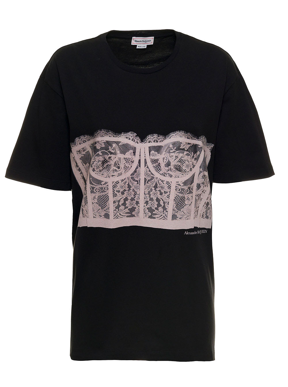 Alexander Mcqueen Womans Black Cotton T-shirt With Corset Print