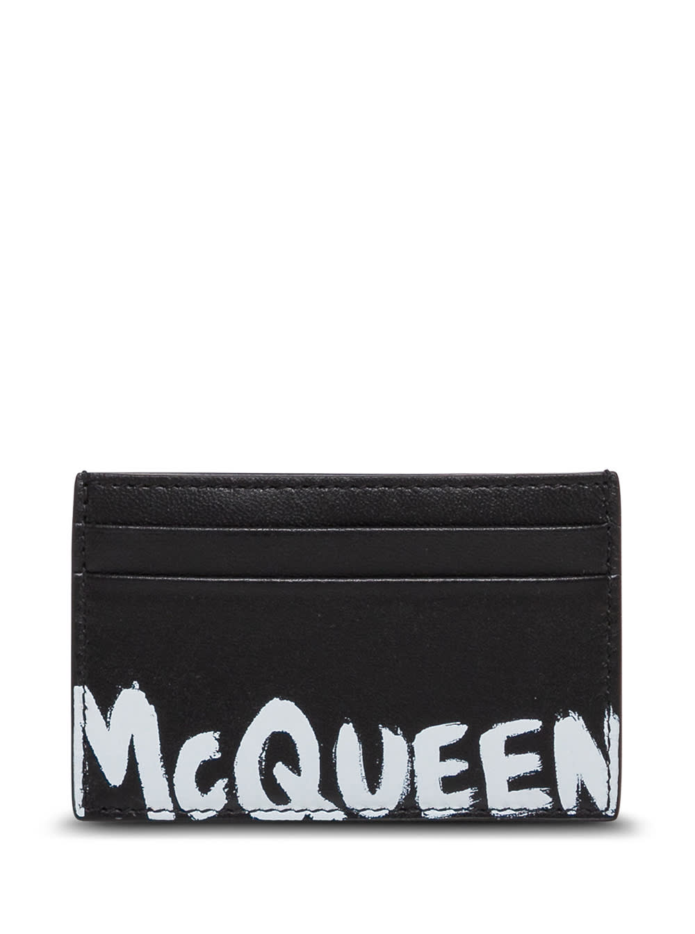 Alexander Mcqueen Mans Black Leather Card Holder With Logo Print