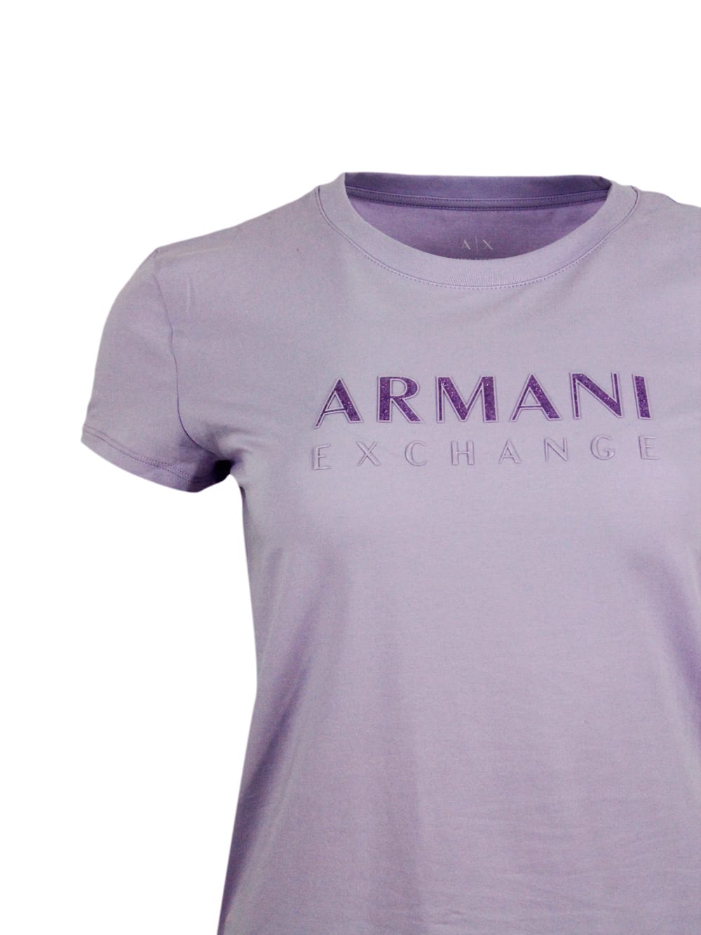 Shop Armani Collezioni Short-sleeved Crew-neck T-shirt With Logo On The Chest In Stretch Cotton And Lurex Logo Writing In Blu Wisteria