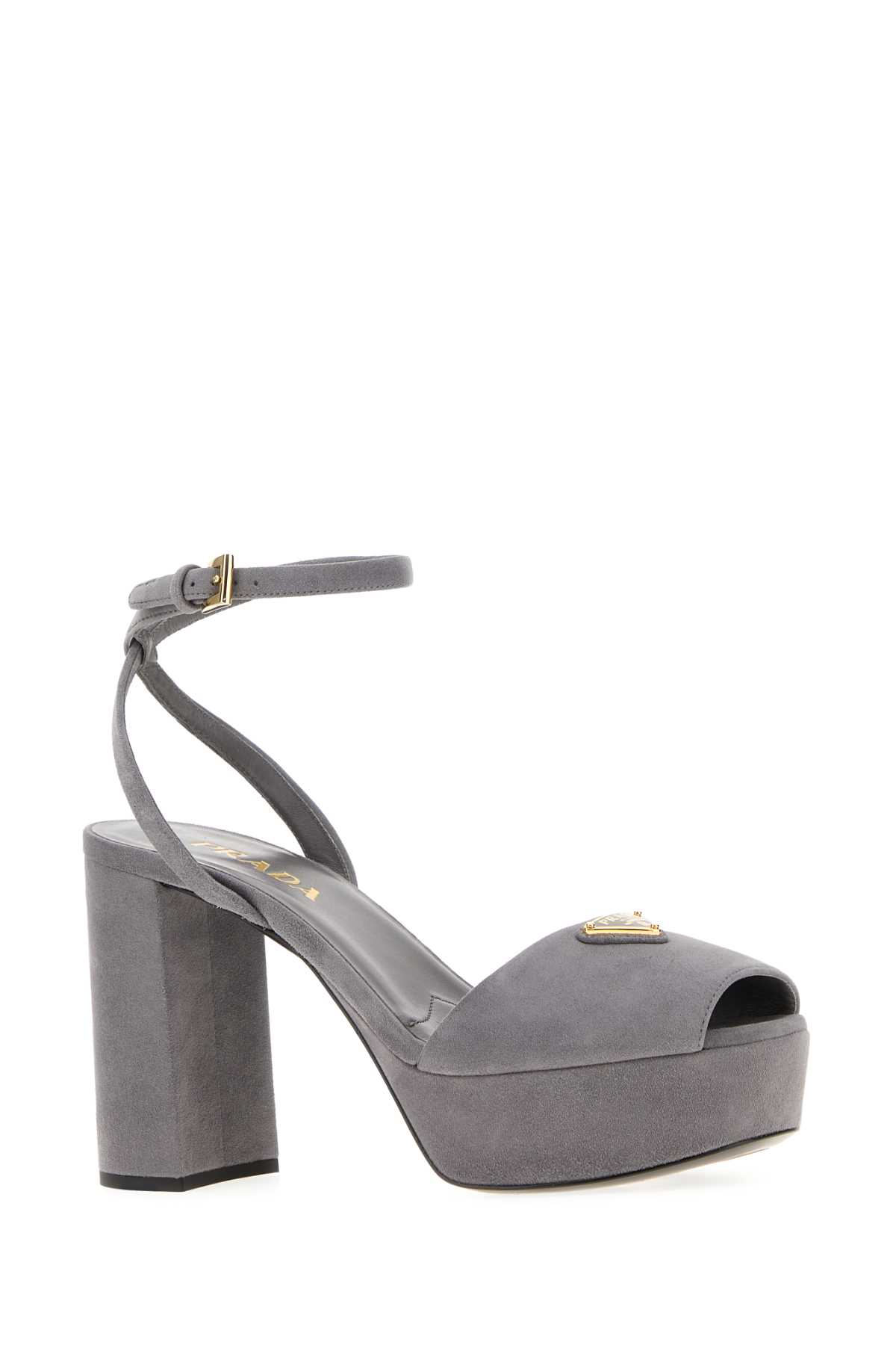 Prada Suede Block Heel Sandals With Open Toe In Gray
