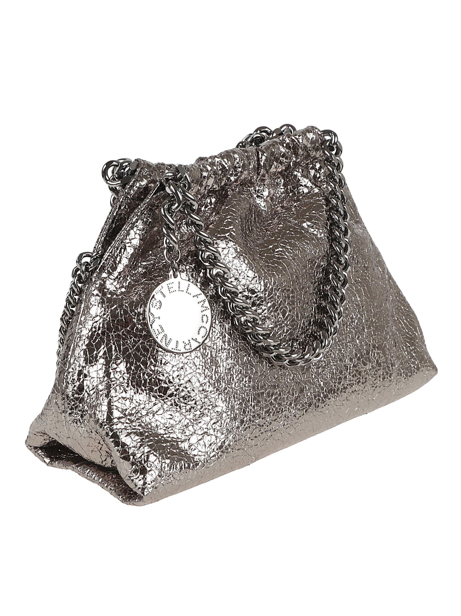 Stella Mccartney Falabella Cracked Metallic Drawstring Crossbody Bag In Gray