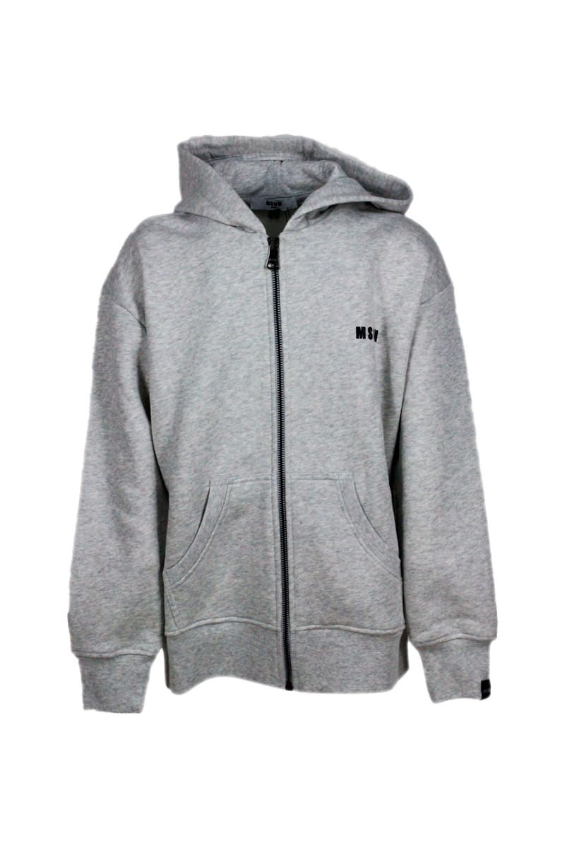 Msgm Kids' Cotton Sweatshirt With Hood With Side Pockets, Zip Closure And Writing In Grey