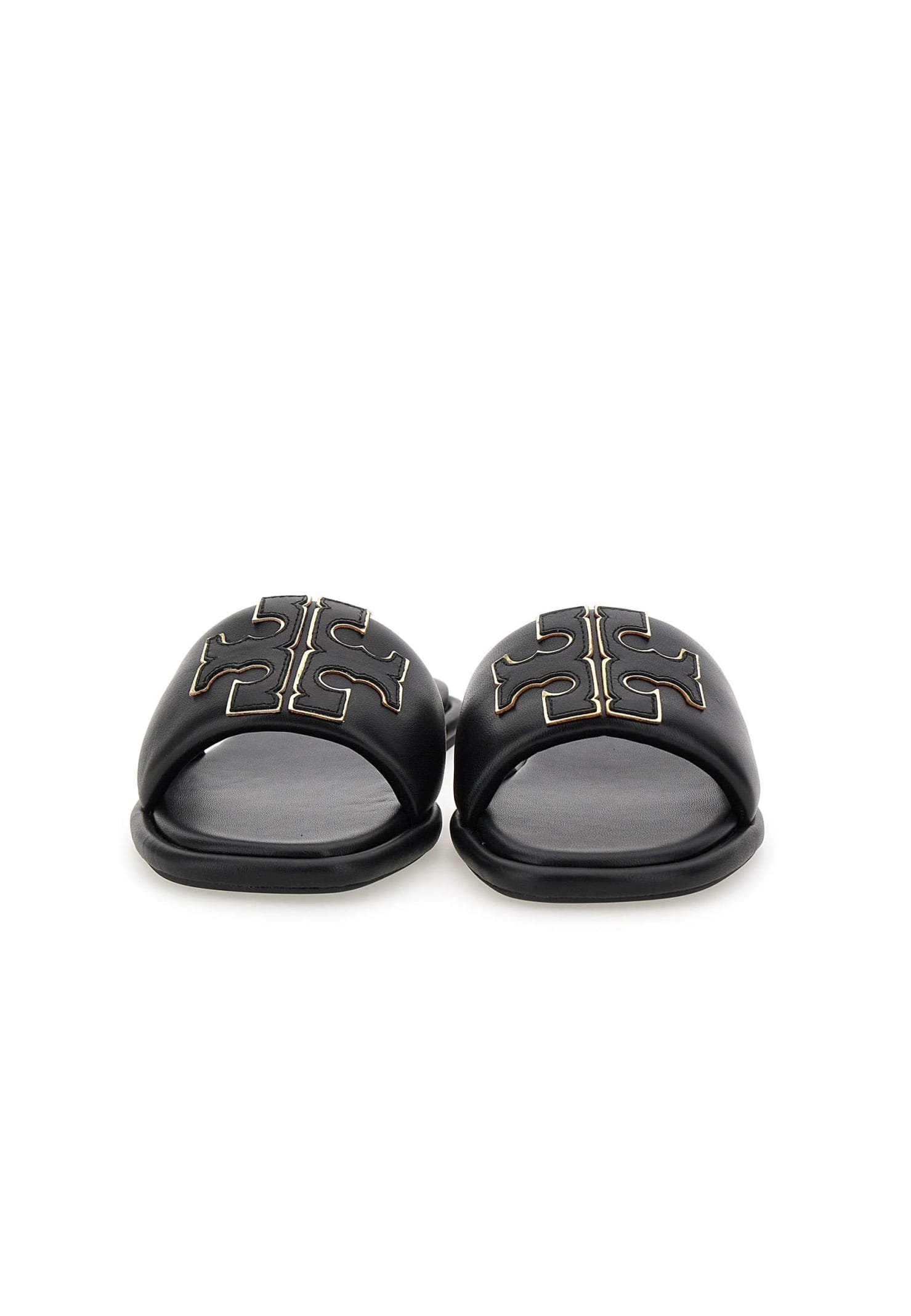 Tory Burch Double T Leather Medallion Slide Sandals In Black | ModeSens
