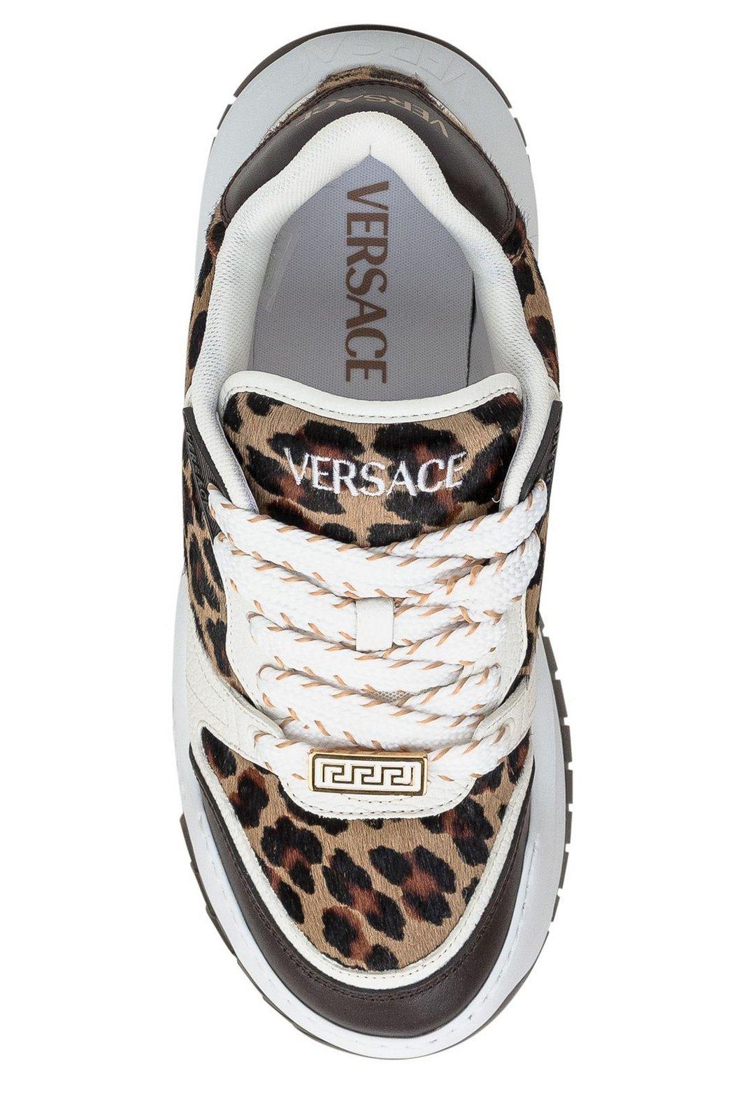 Shop Versace Odissea Leopard-printed Lace-up Sneakers In Brown