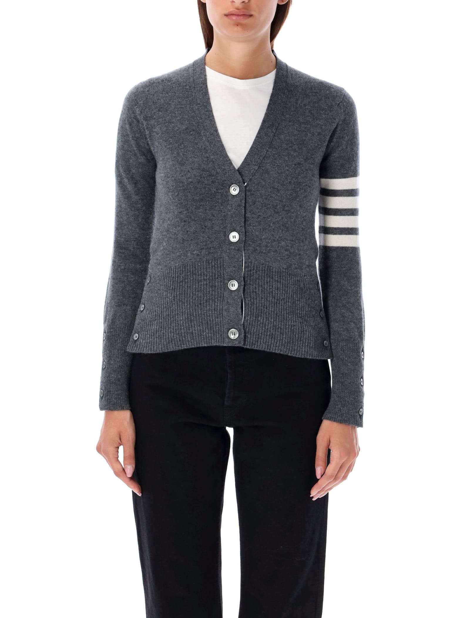 Shop Thom Browne 4-bar Classic V-neck Cardigan In Med Grey