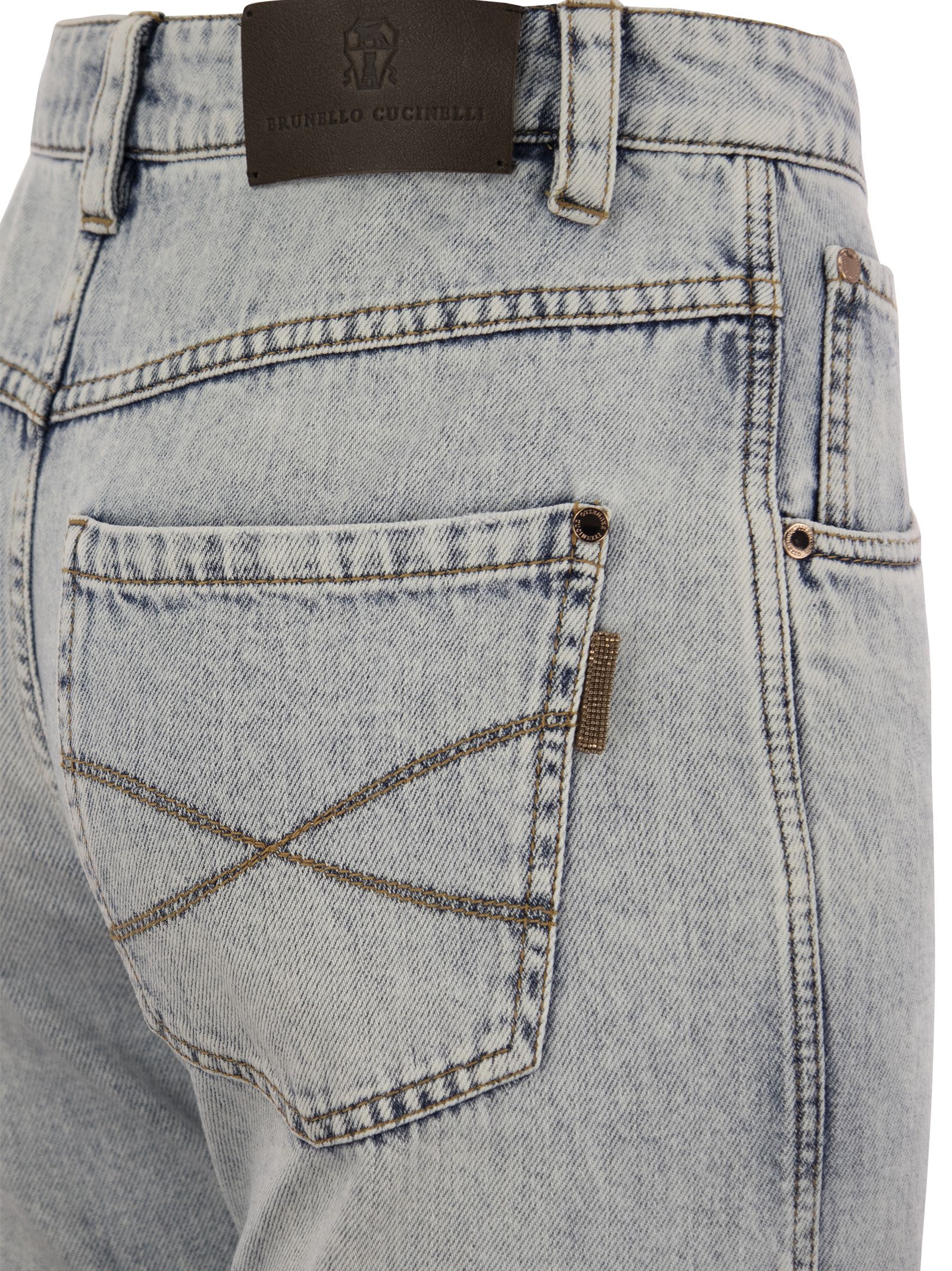 Shop Brunello Cucinelli Soft Denim Straight Trousers With Shiny Details In Blue