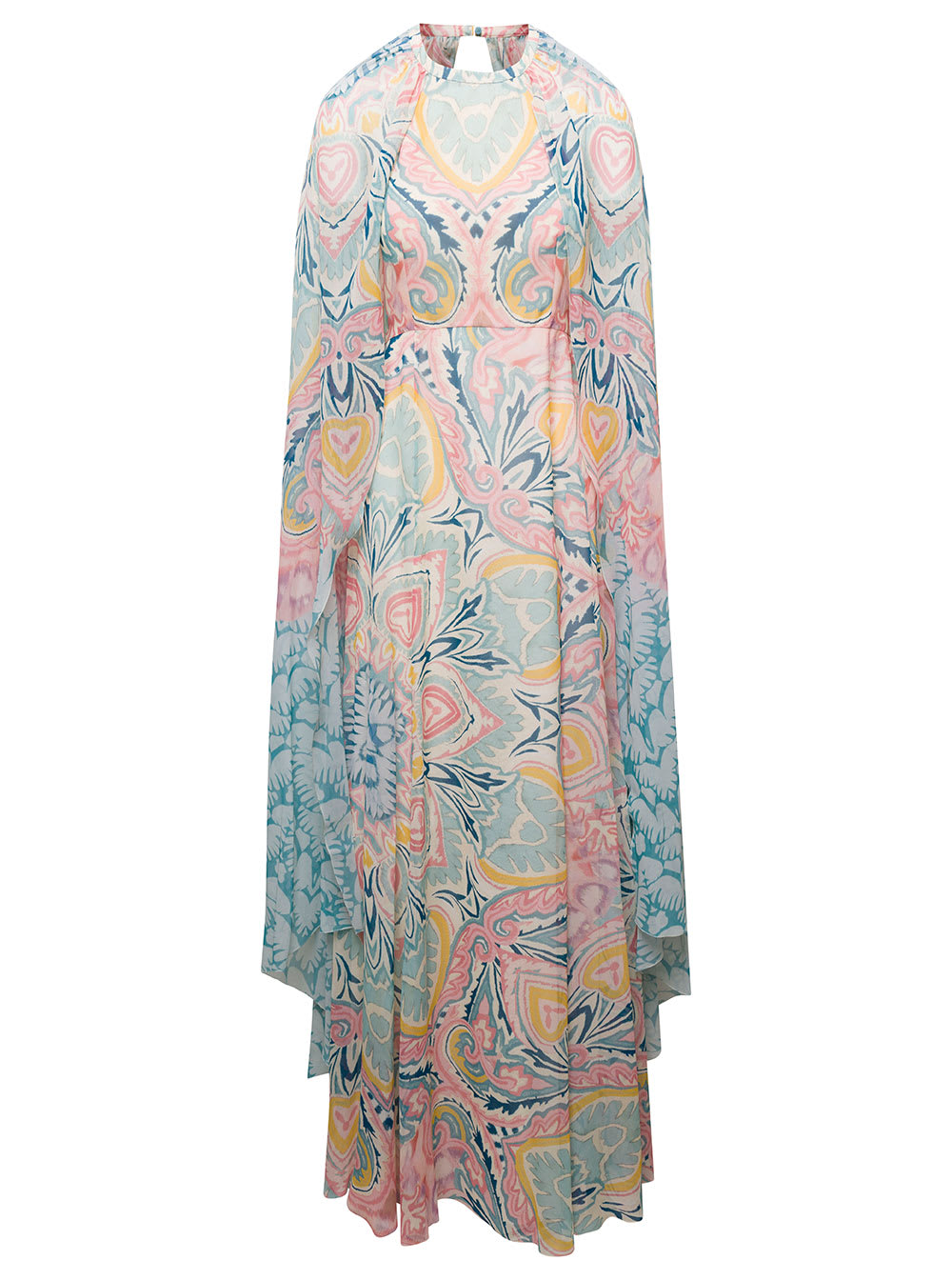 ETRO LONG DRESS WITH FLORAL PRINT ALL-OVER WITH DRAPE EFFECT SHRUG MULTICOLOR IN SILK WOMAN