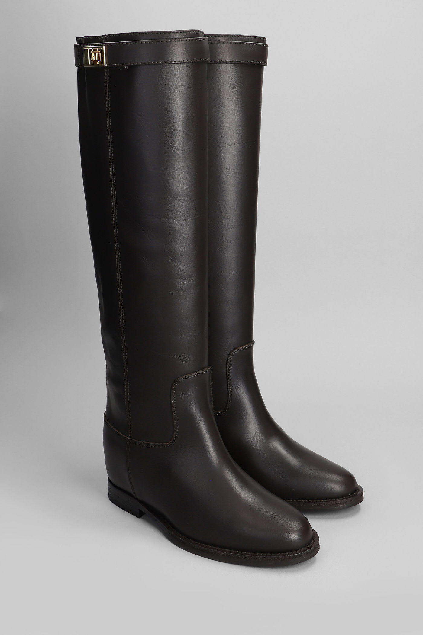 Via Roma 15 Tall Leather Boots With Decorative Strap In Brown