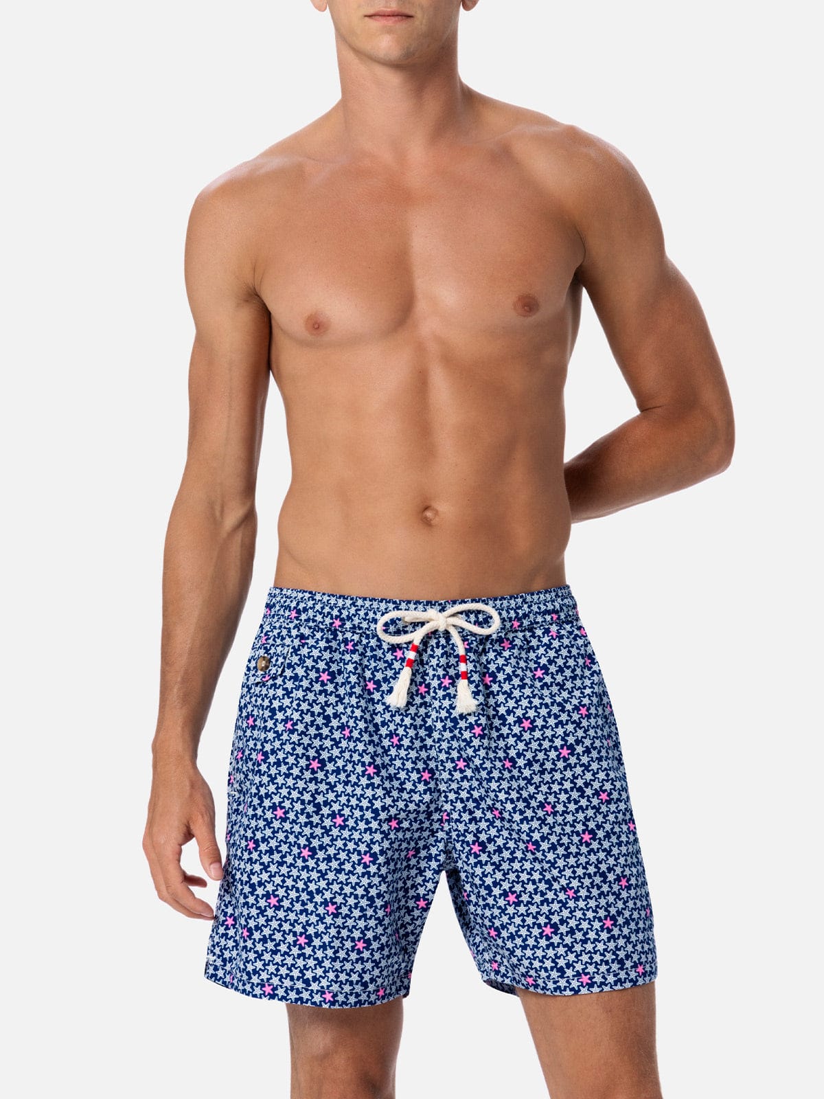Mc2 Saint Barth Man Lightweight Fabric Swim-shorts Lighting 70 With Starfishes Print In Blue