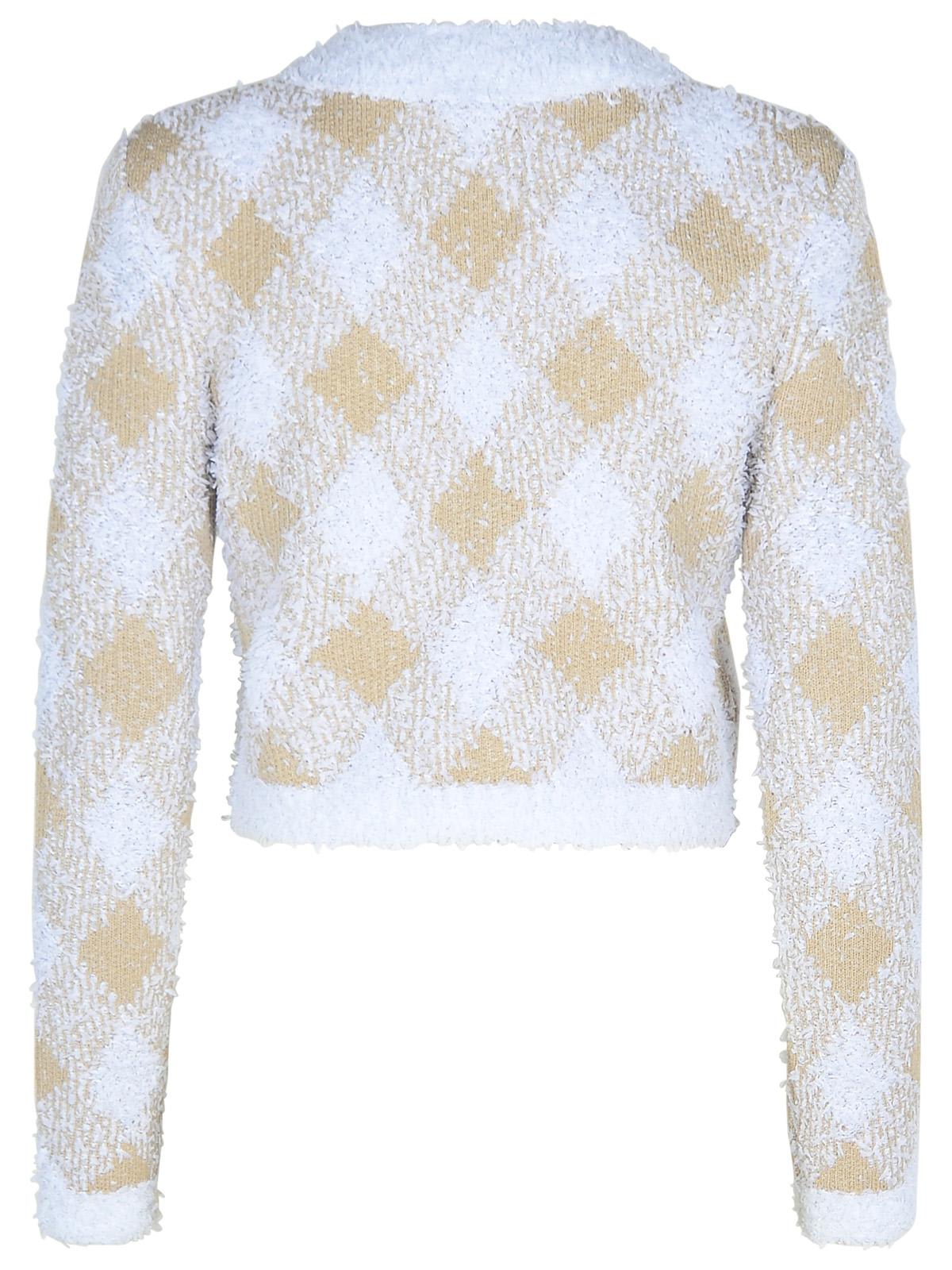 Balmain Vichy Check Tweed Knit Crop Jacket In Blanc/ Beige