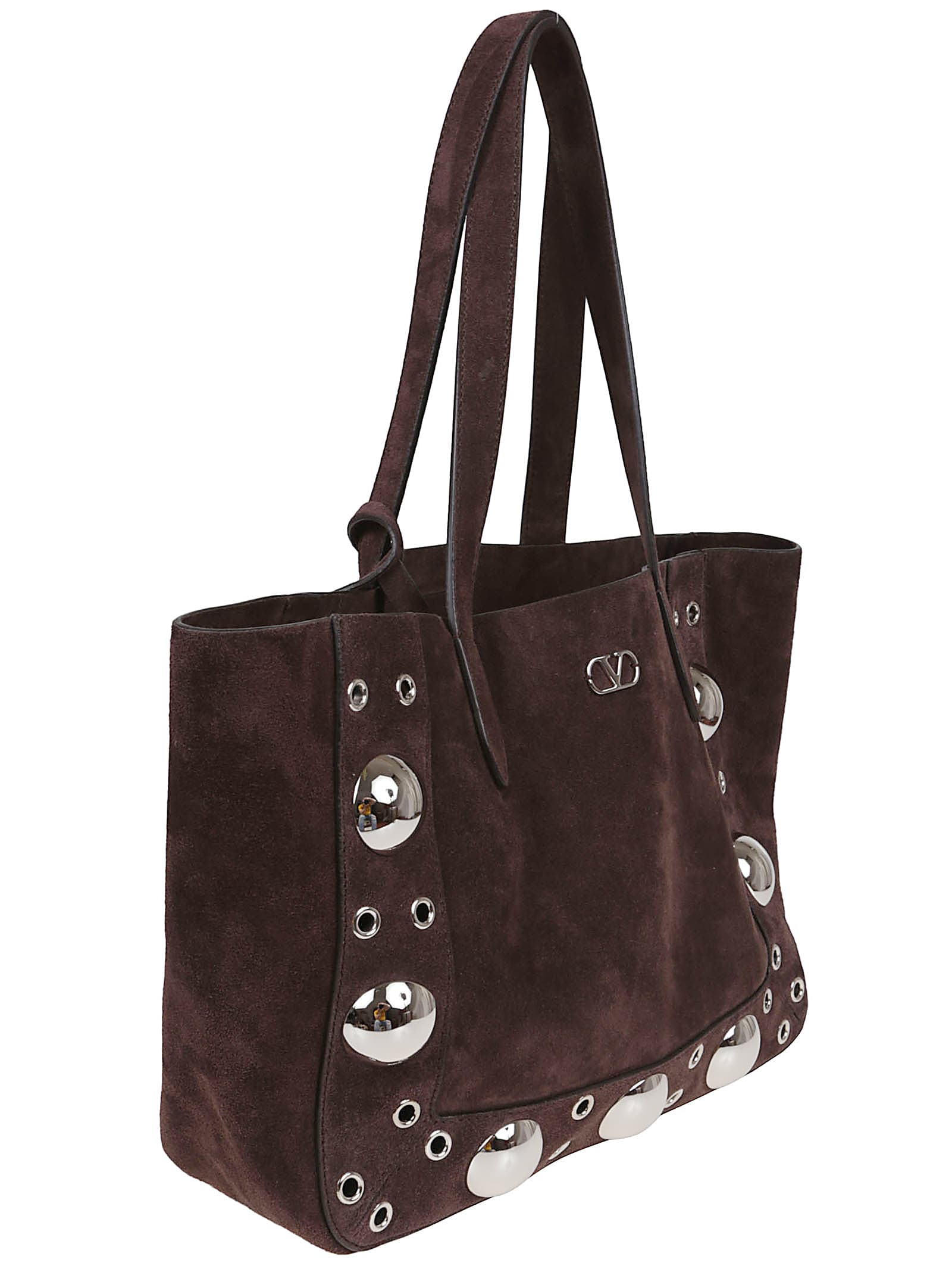 Valentino Garavani Medium Brown Leather Tote With Ball Studs And Eyelet Details