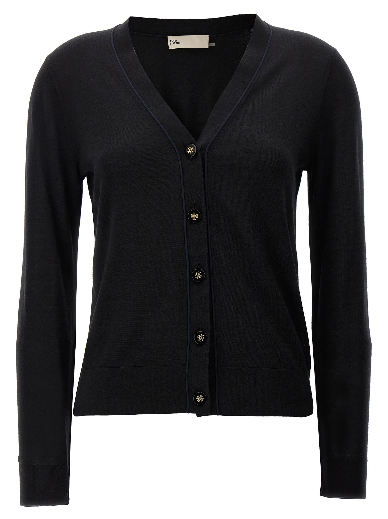Tory Burch Wool And Silk Blend Cardigan In Black
