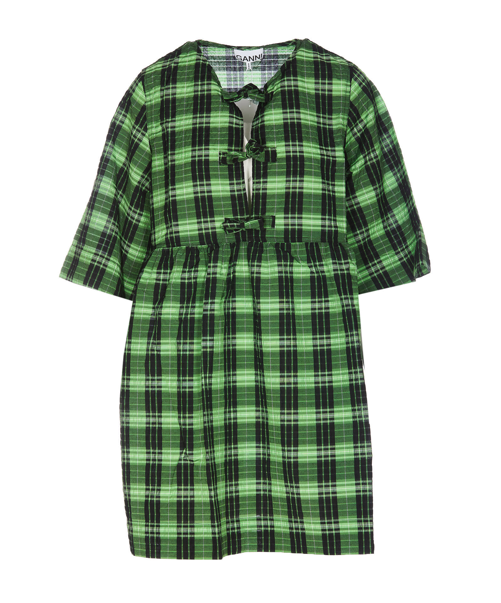 GANNI outlet Seersucker Check Dress Plaid Ruched Puff Sleeve