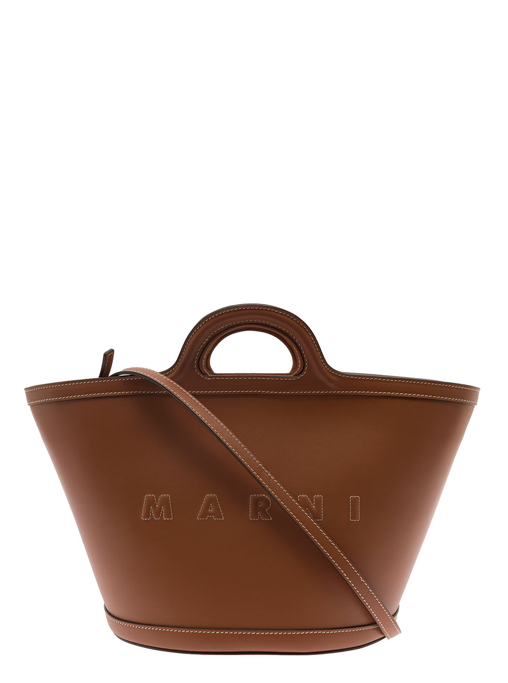 Shop Marni Tropicalia Small Brown Handbag With Embossed Logo And Contrasting Stitch In Leather Woman