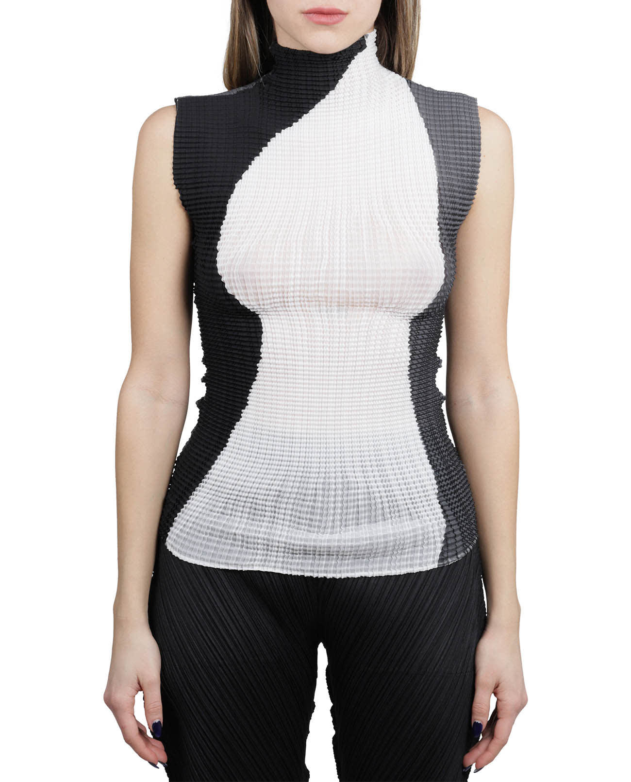 Issey Miyake Black And White Shaped Pleats Top