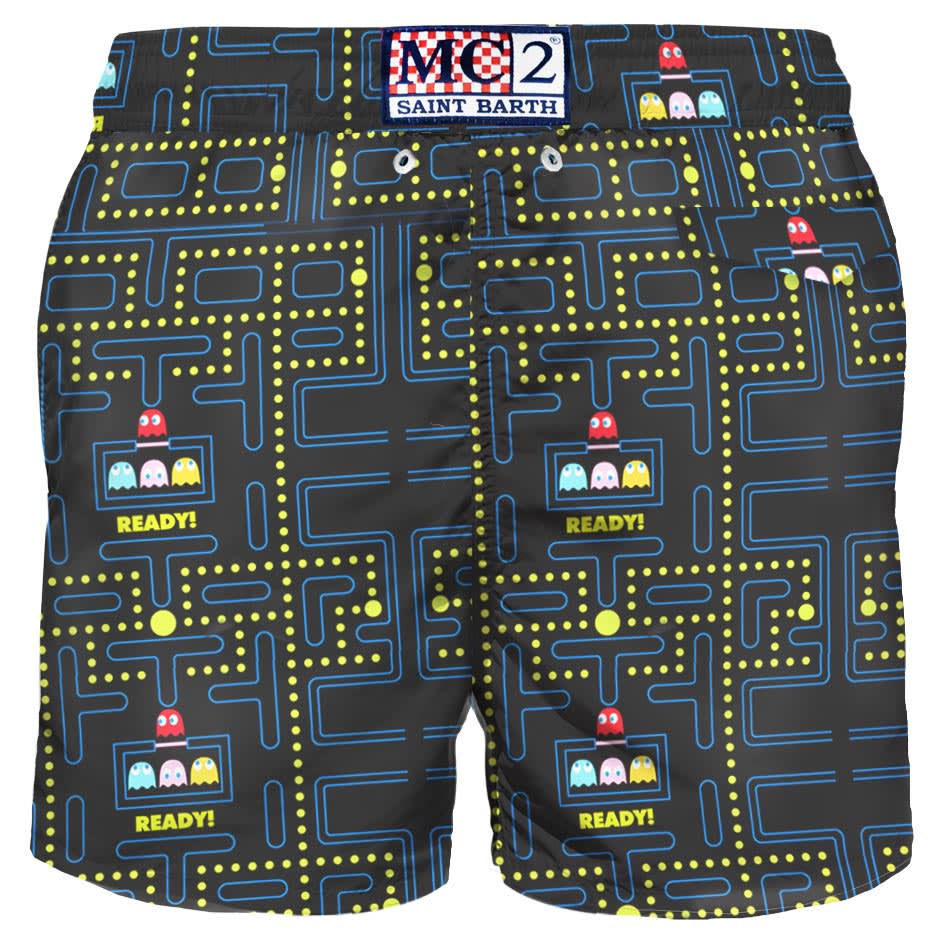 Shop Mc2 Saint Barth Man Swim Shorts With Pac-man Print In Blue