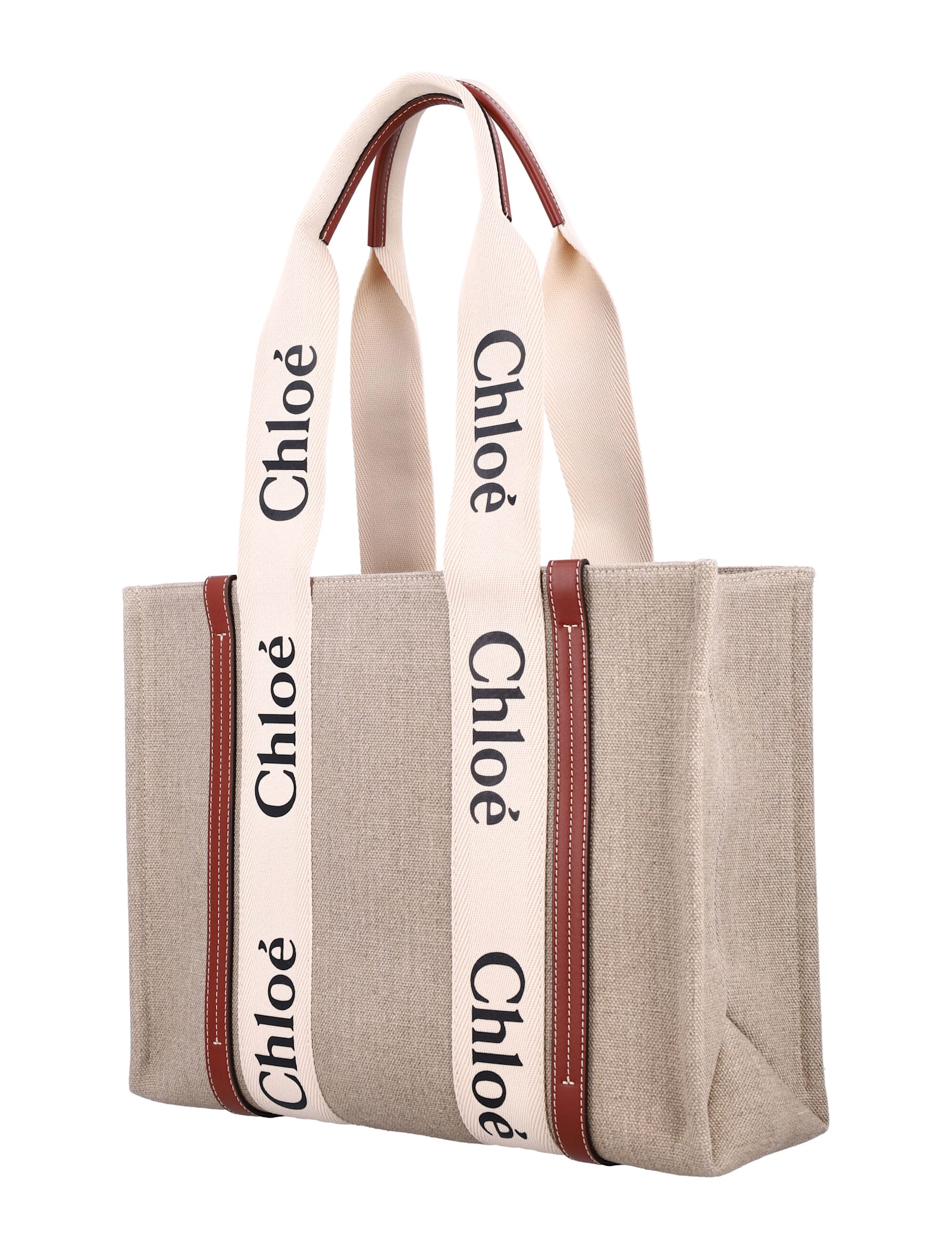 Shop Chloé Linen Woody Tote Bag In White - Brown 1