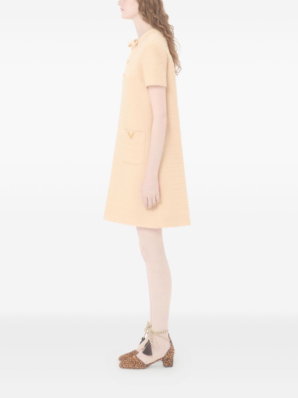 Valentino Wool Dress Short Sleeves Textured Fabric Bow In Neutral