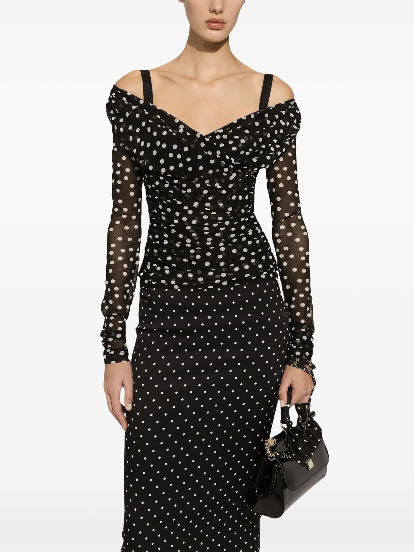 Dolce & Gabbana Stretch Tulle Top With Crossover Neckline And Polka Dot Print In White/black