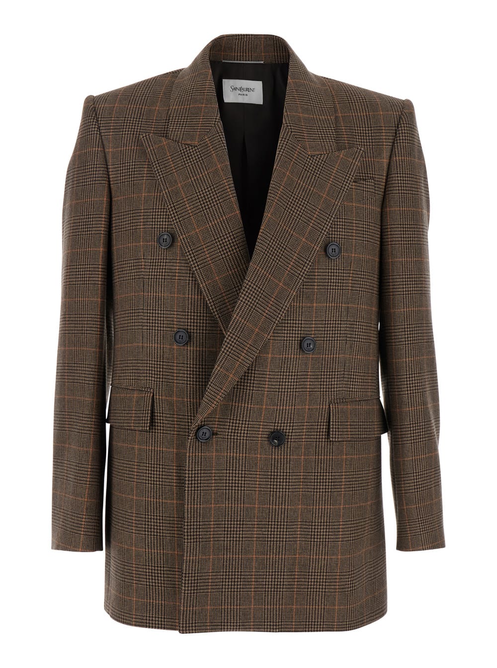 Saint Laurent Brown Double-breasted Jacket With Peak Revers And Stripe Motif In Wool Man In Brown