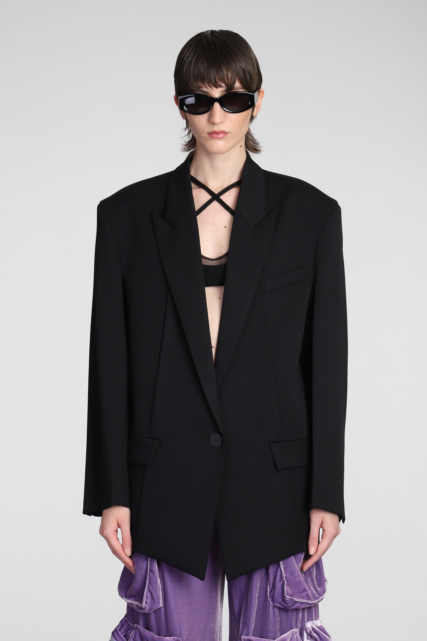 Attico Glen Oversized Blazer In Stretch Wool In Black