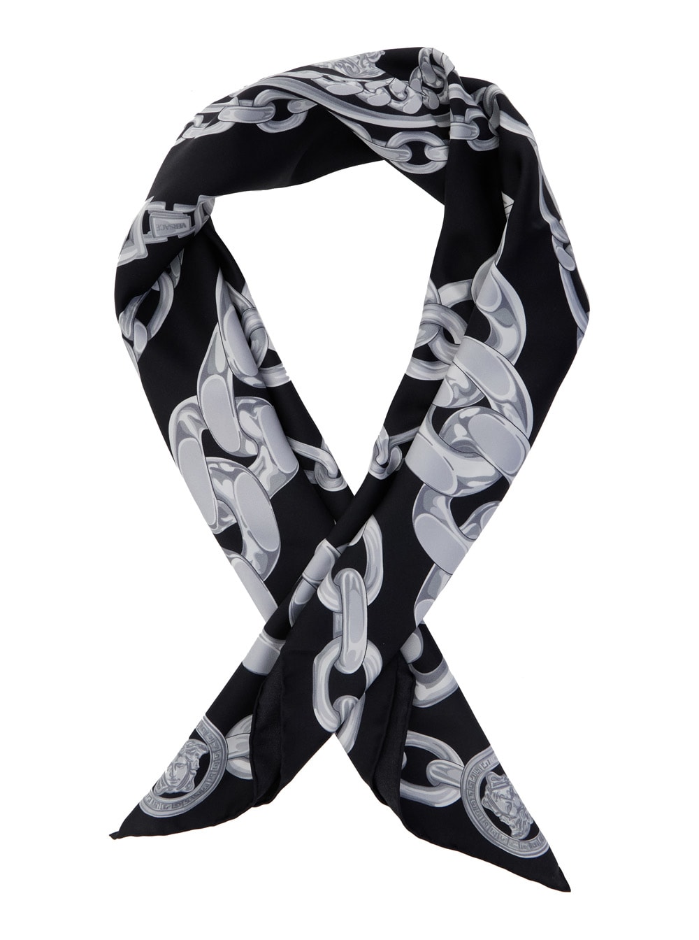 Versace Black Foulard With All-over Medusa And Chain Graphic Print In Silk Man