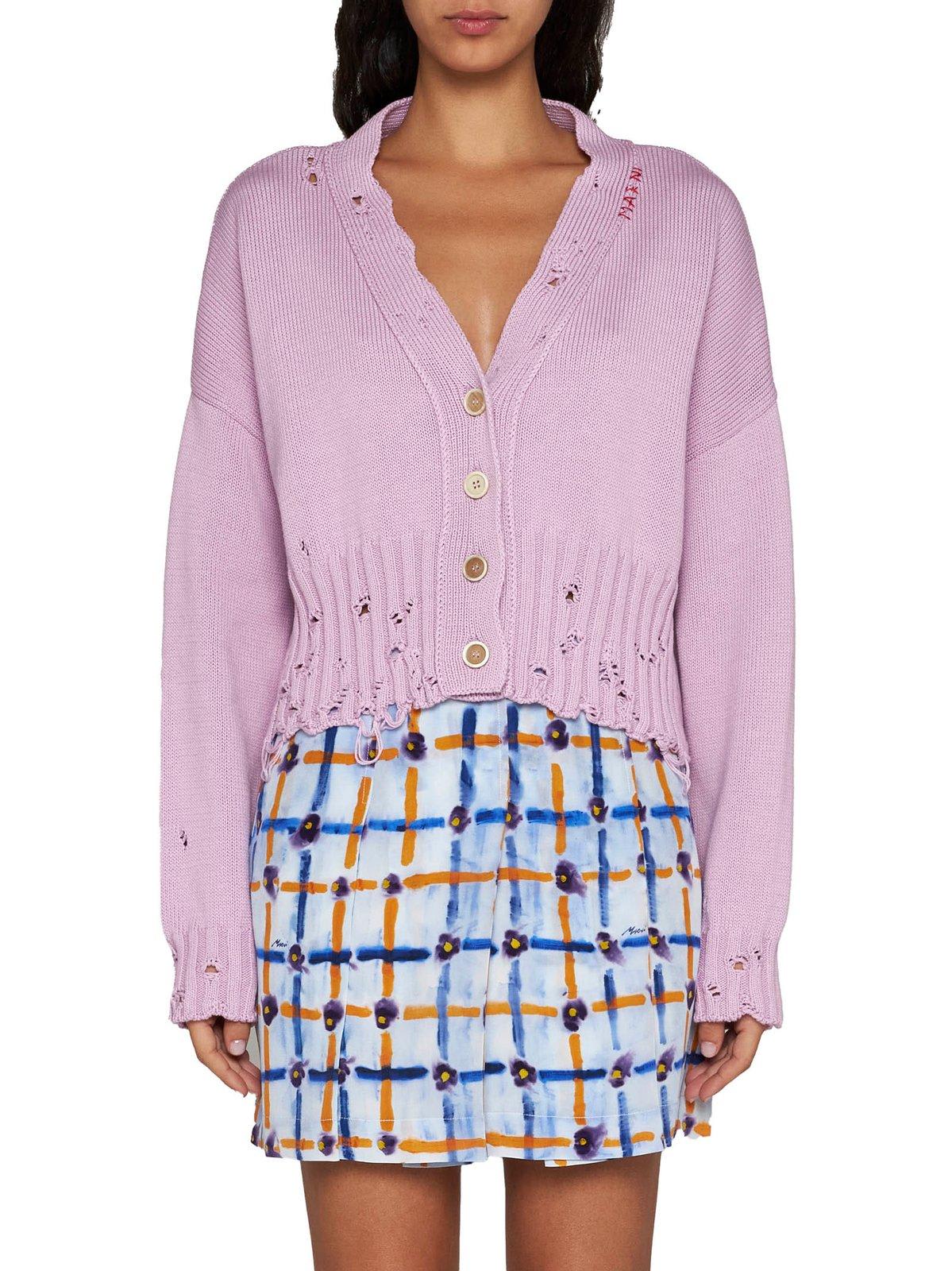 Shop Marni Distressed Cropped Knitted Cardigan In Pink